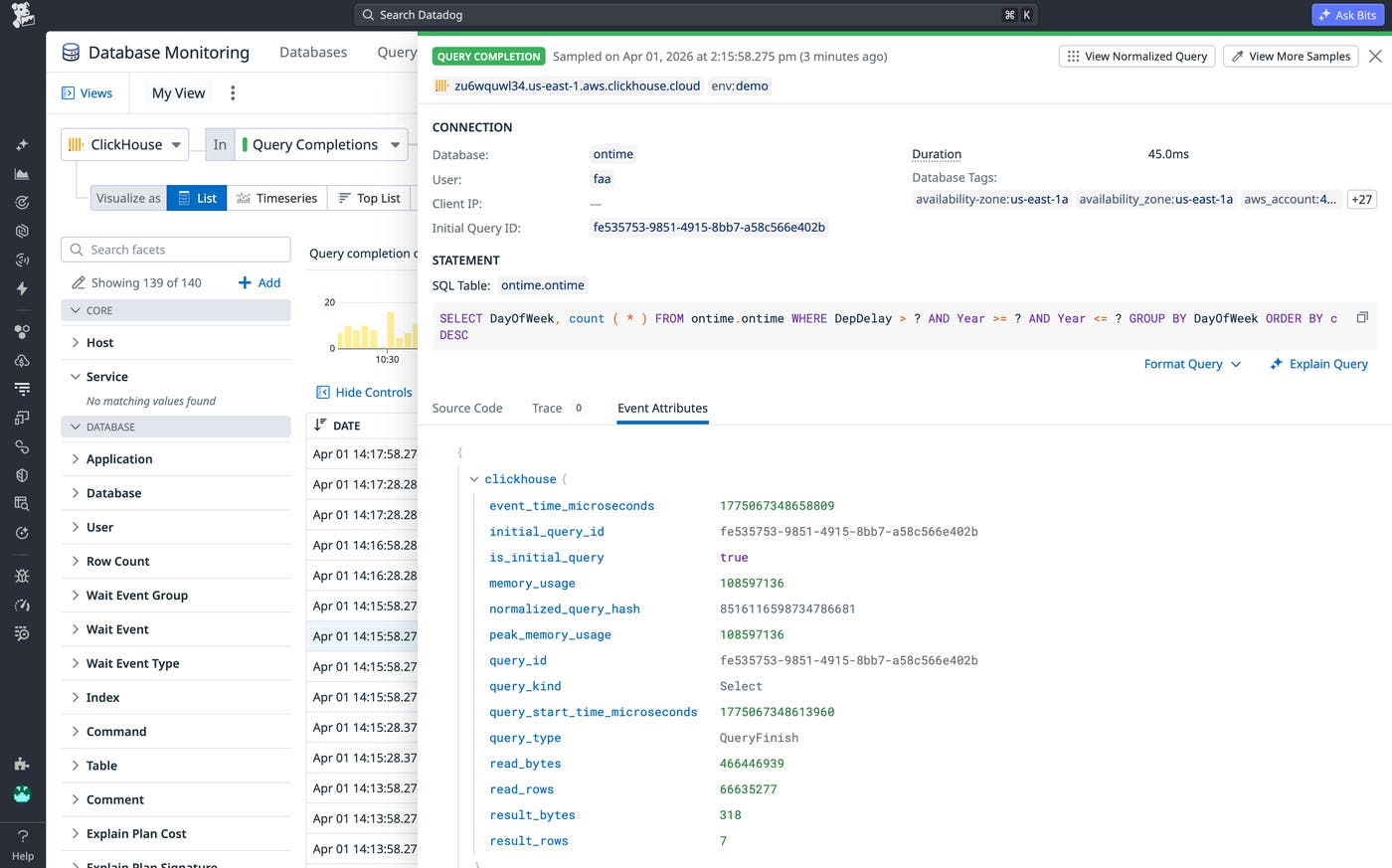 A completed query sample showing execution duration, memory usage, and event attributes. A completed query sample showing execution duration, memory usage, and event attributes.