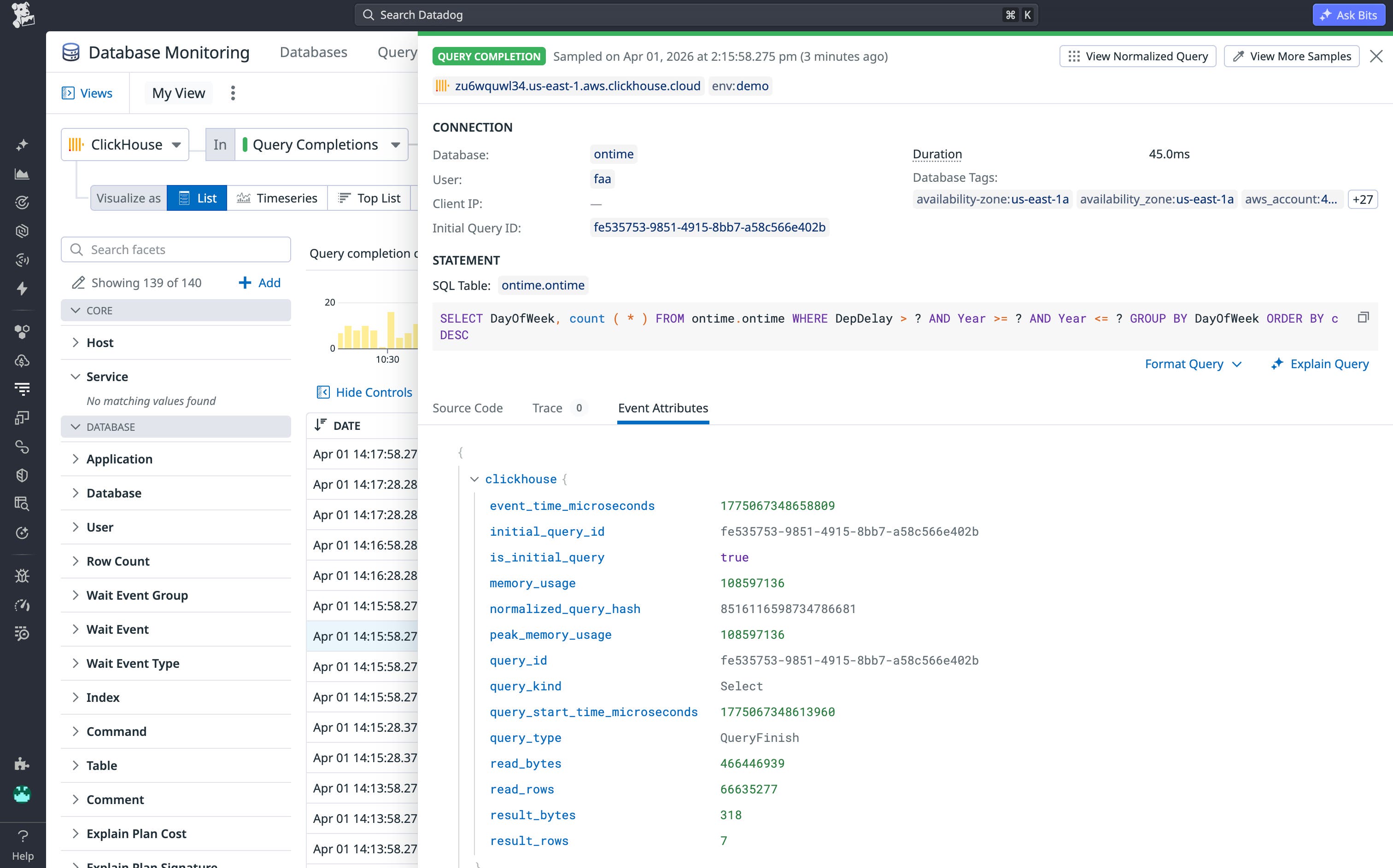 A completed query sample showing execution duration, memory usage, and event attributes. A completed query sample showing execution duration, memory usage, and event attributes.