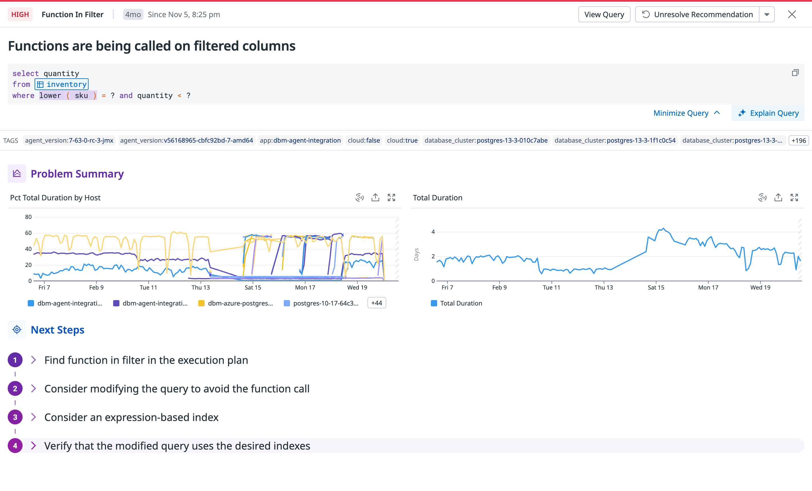 Function in Filter recommendations outline two potential courses of action: removing function calls from filters or creating an expression-based index.