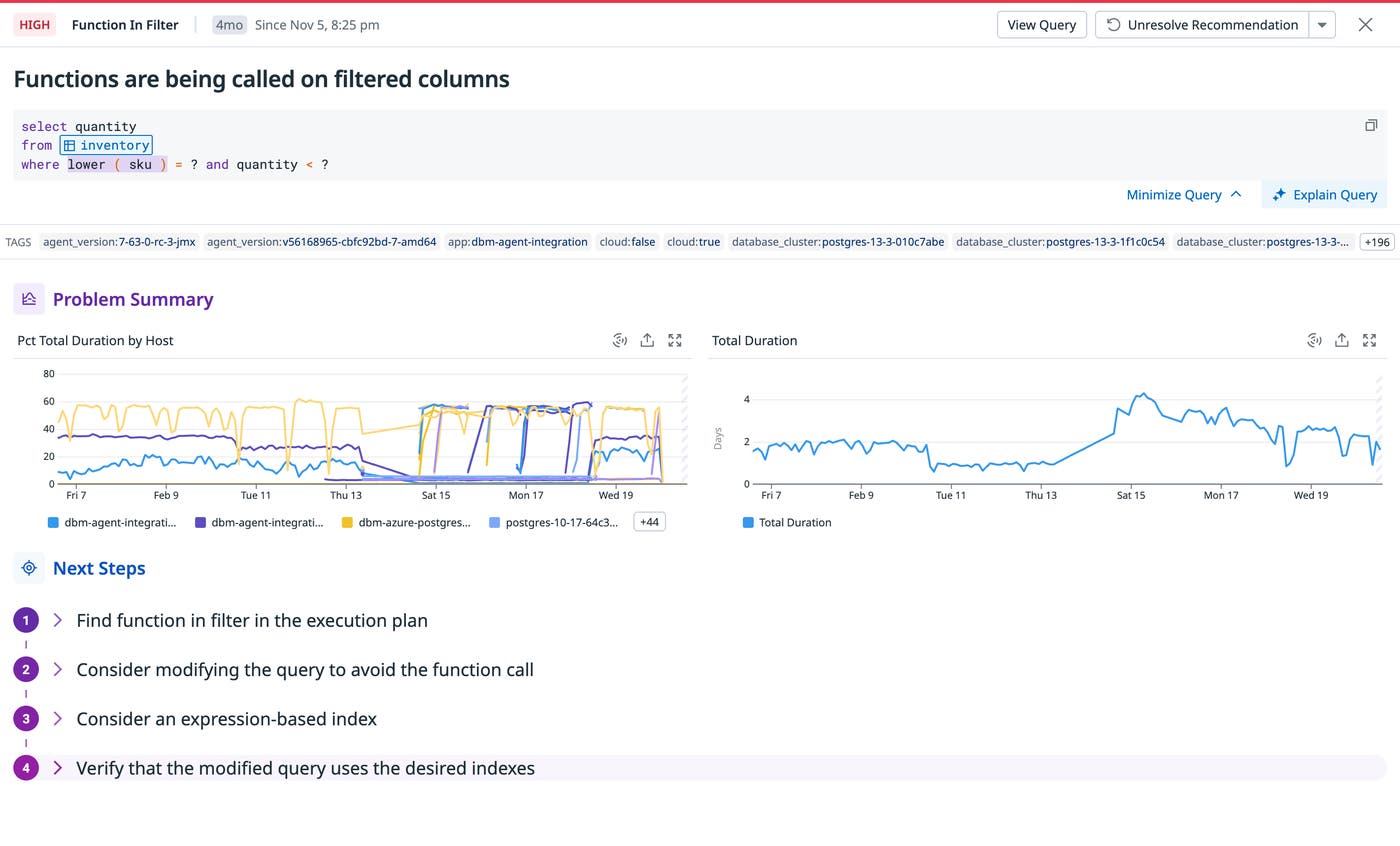 Function in Filter recommendations outline two potential courses of action: removing function calls from filters or creating an expression-based index. Function in Filter recommendations outline two potential courses of action: removing function calls from filters or creating an expression-based index.