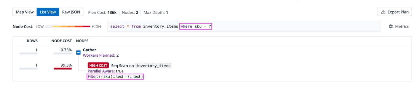 In the Postgres explain plan format, filter predicates are treated as node attributes that include valid query fragments. In the Postgres explain plan format, filter predicates are treated as node attributes that include valid query fragments.