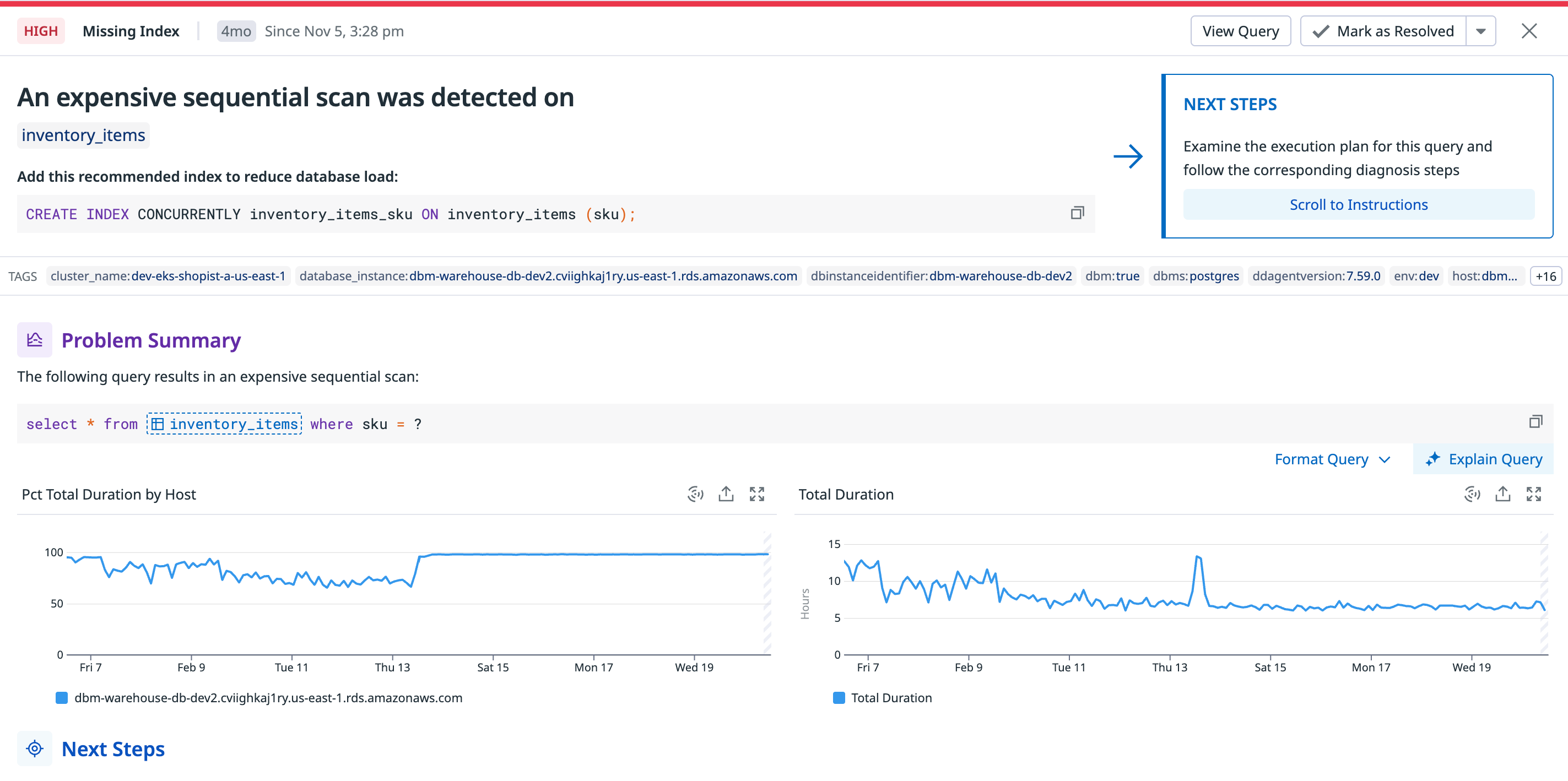 DBM index recommendations are presented along with relevant contextual data and step-by-step guides.