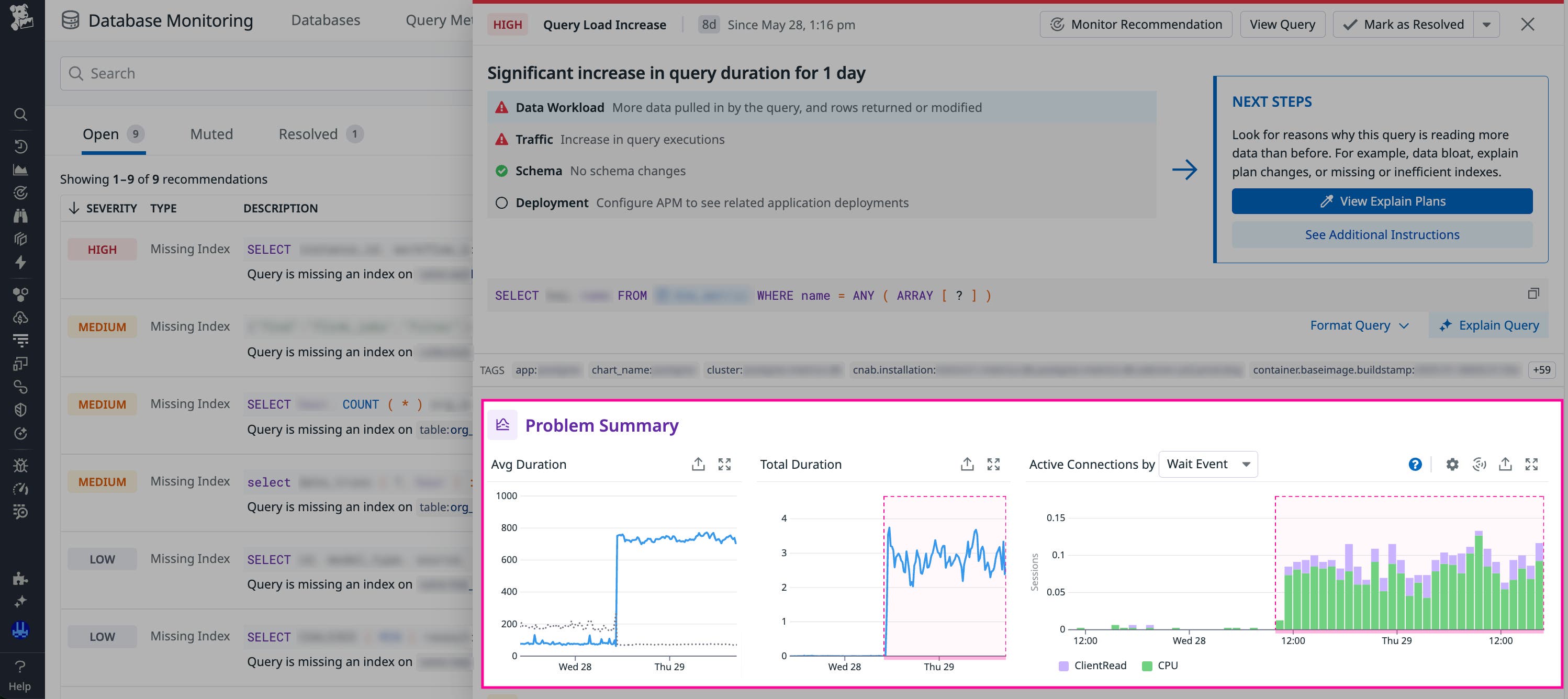A query regression in which a line graph shows an increase in duration from 100 ms to 700 ms. A query regression in which a line graph shows an increase in duration from 100 ms to 700 ms.