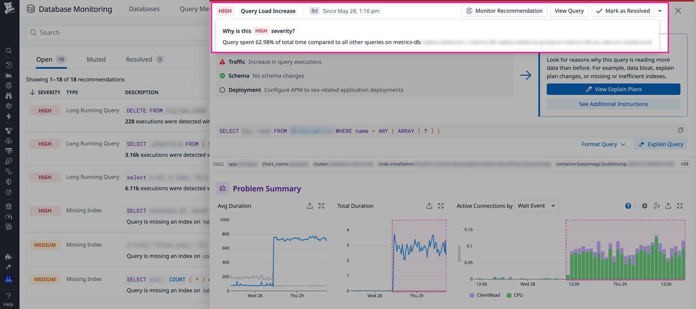 A query regression that is labeled as high severity in Datadog DBM. A query regression that is labeled as high severity in Datadog DBM.