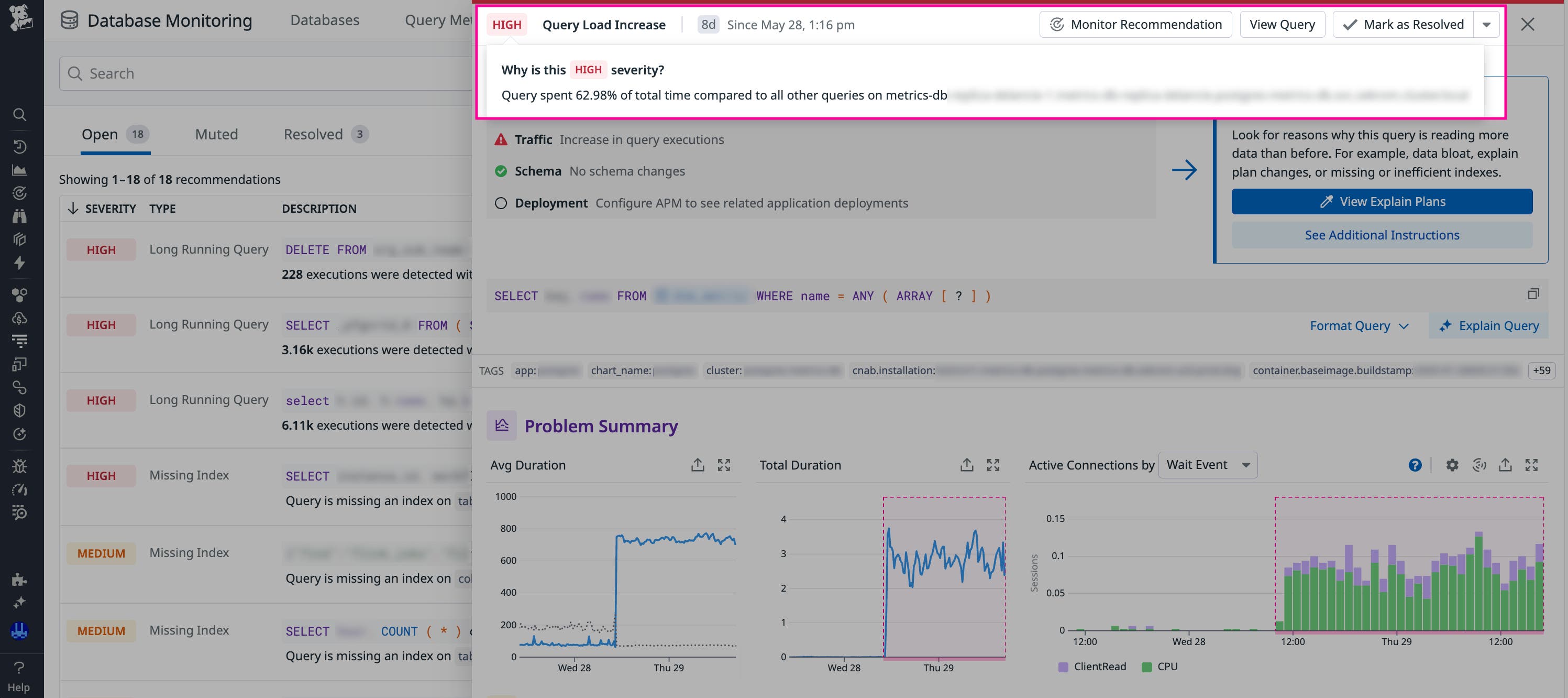A query regression that is labeled as high severity in Datadog DBM. A query regression that is labeled as high severity in Datadog DBM.