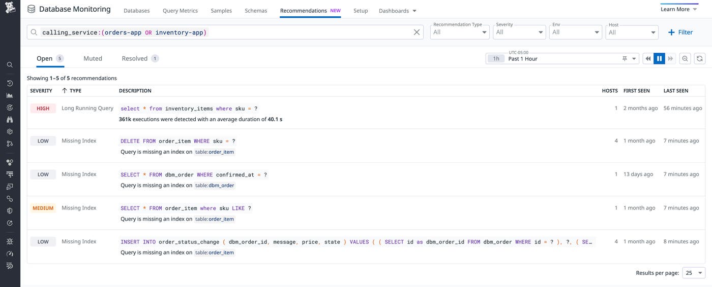 DBM Recommendations tab filtered by calling service DBM Recommendations tab filtered by calling service