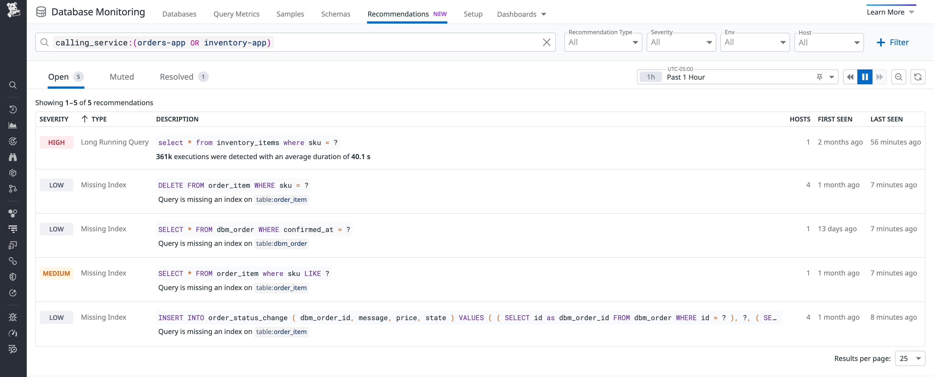 DBM Recommendations tab filtered by calling service DBM Recommendations tab filtered by calling service
