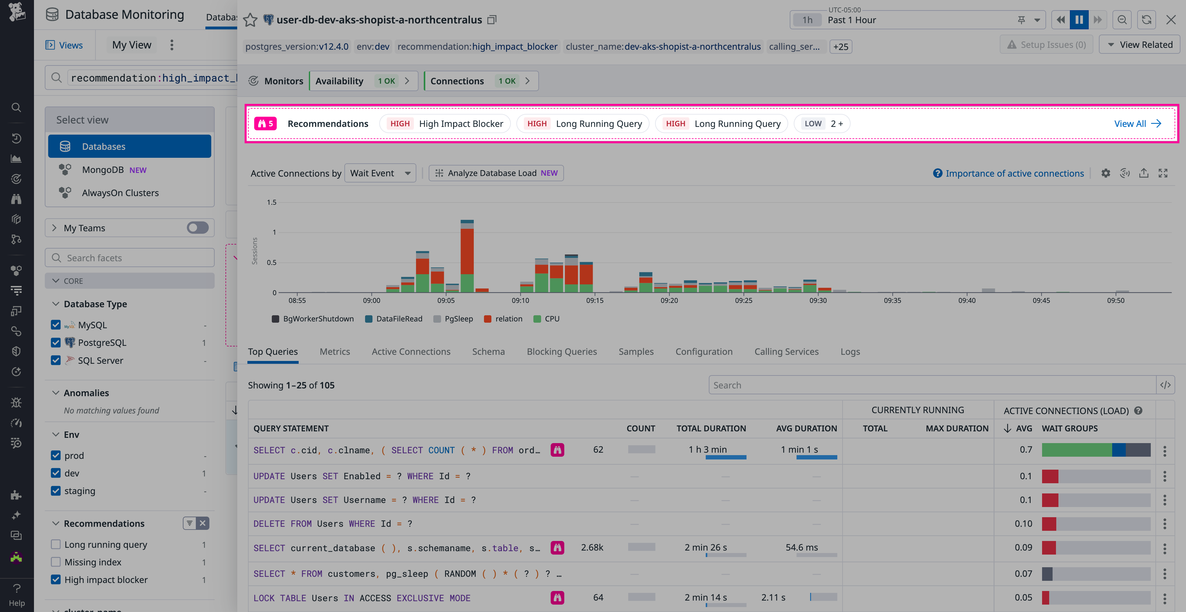 Recommendations bar in DBM Database view