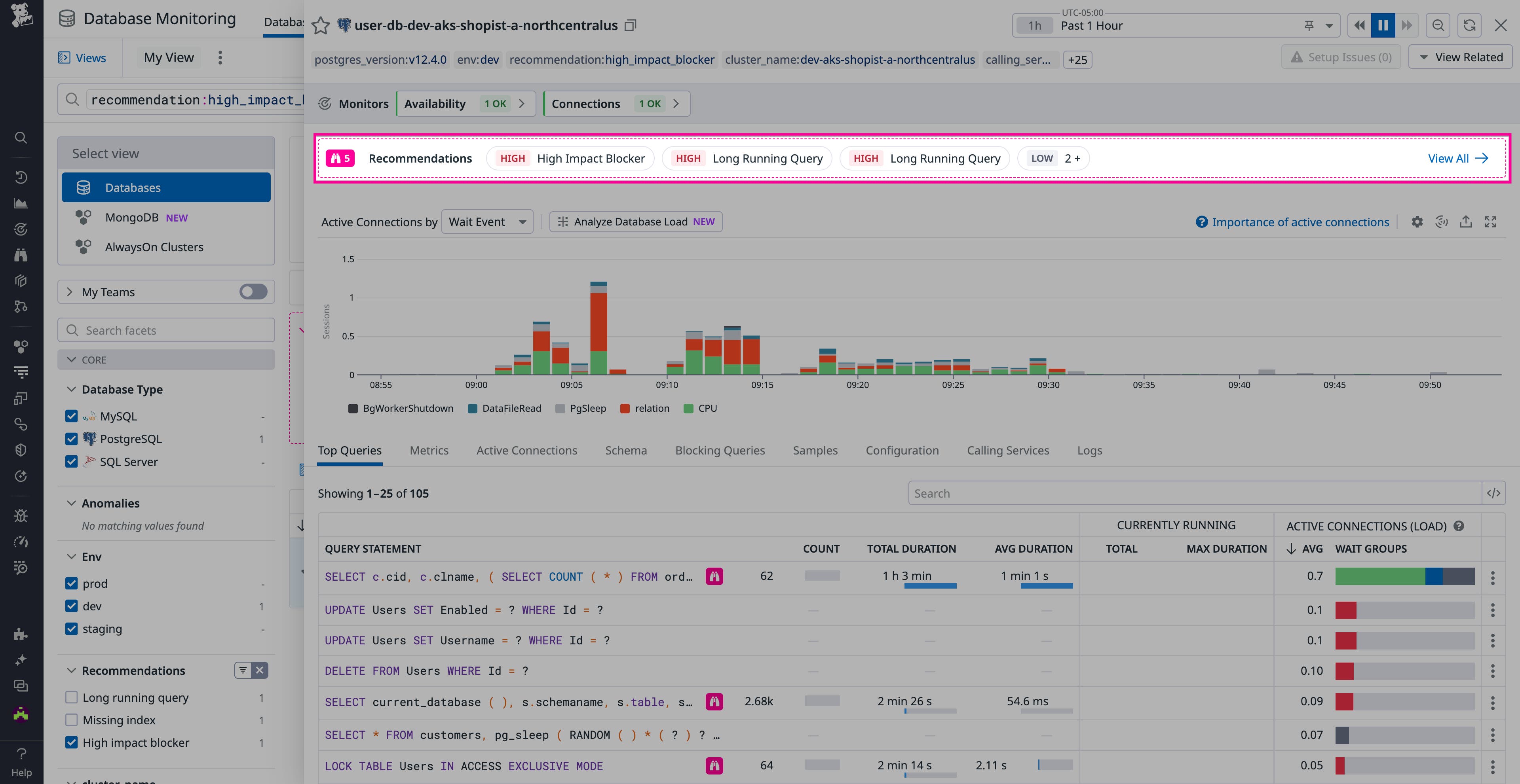 Recommendations bar in DBM Database view Recommendations bar in DBM Database view