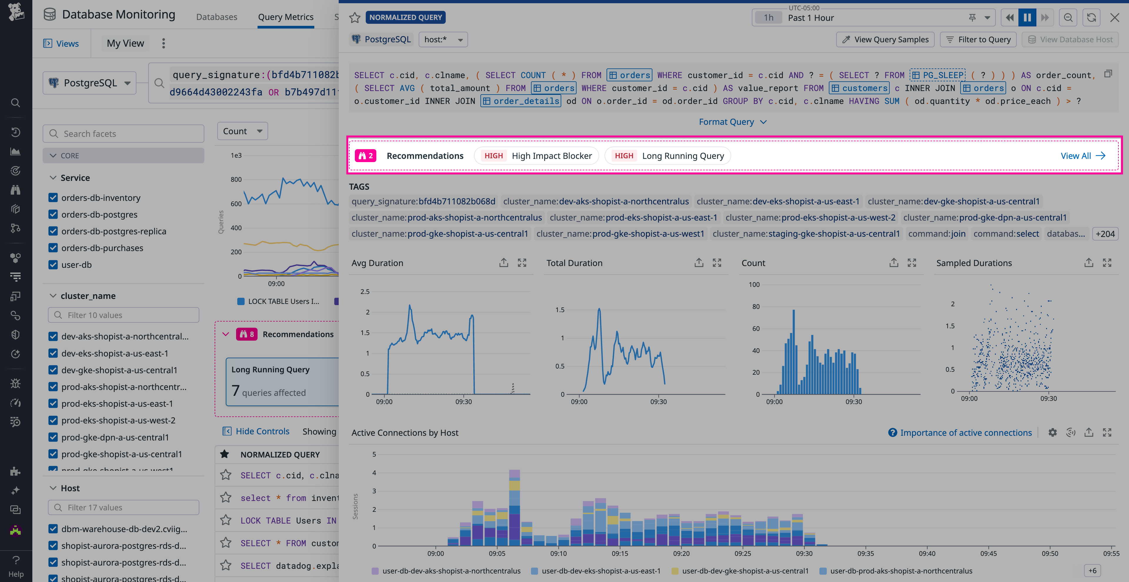 Recommendations in Query Metrics view in DBM