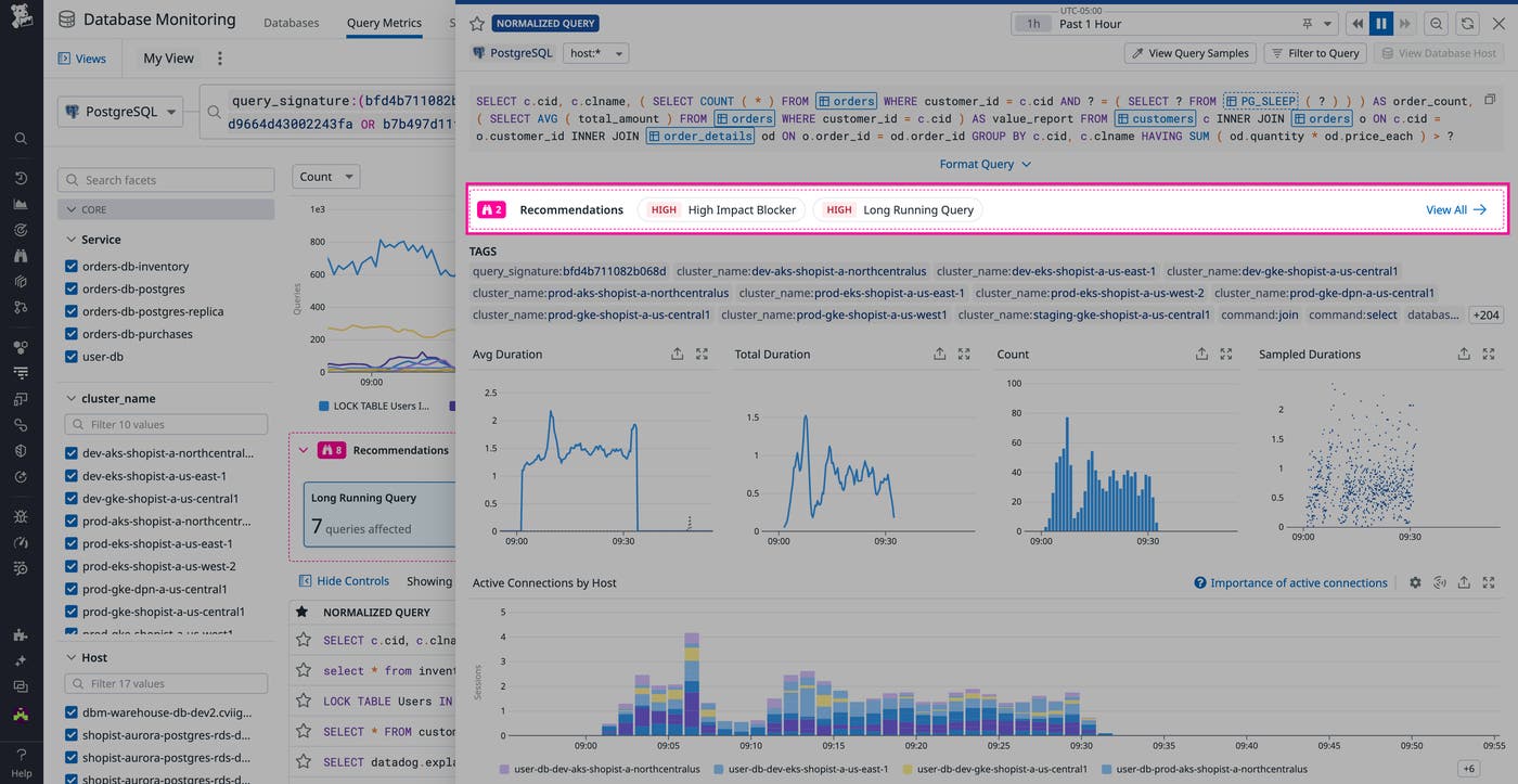 Recommendations in Query Metrics view in DBM Recommendations in Query Metrics view in DBM