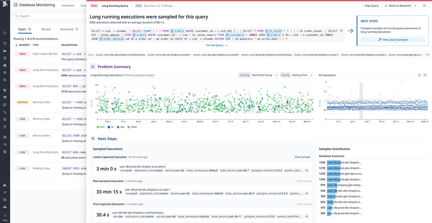 DBM Recommendations card with contextual data and next steps DBM Recommendations card with contextual data and next steps