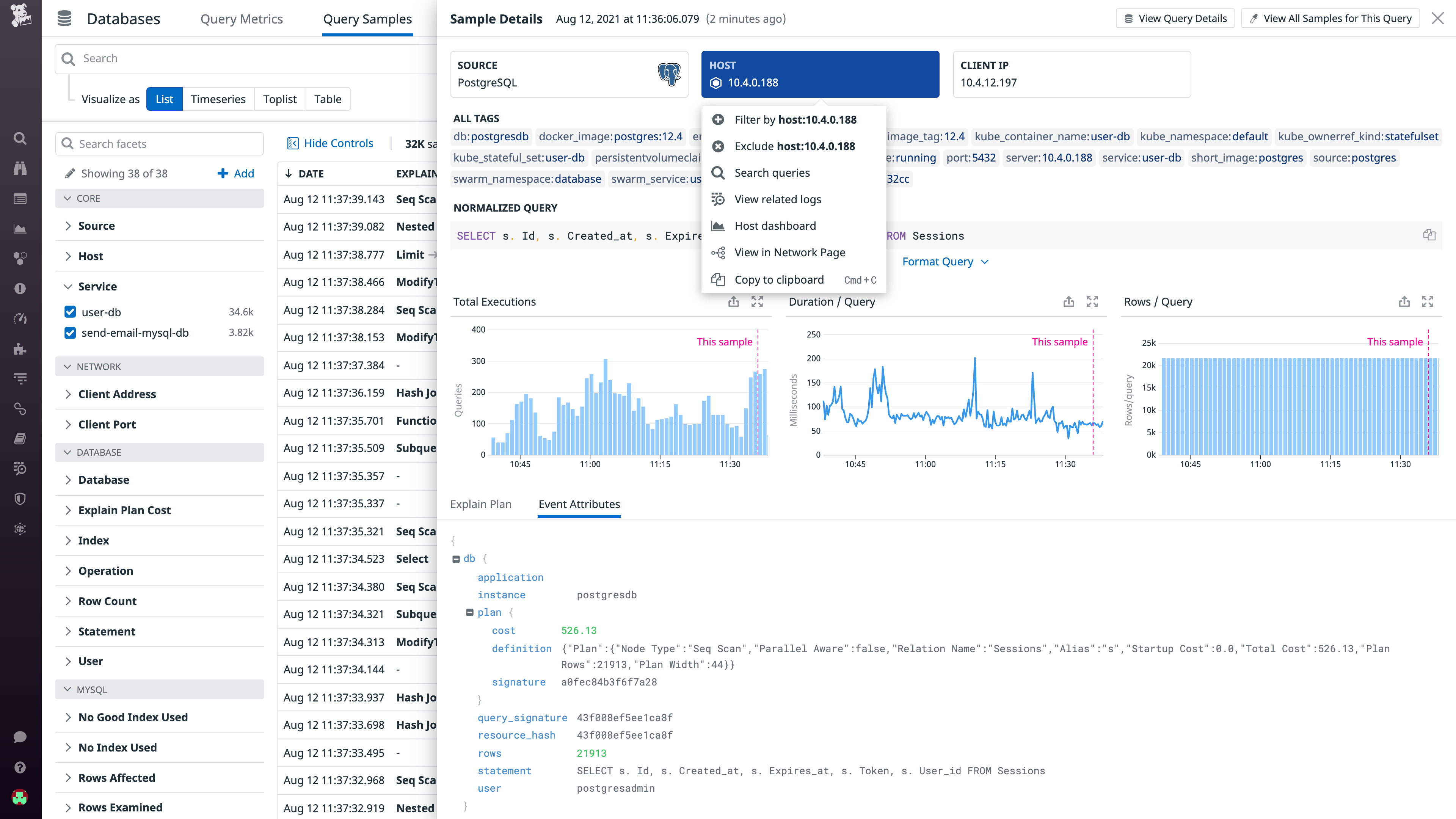 Seamlessly pivot from a sampled query to its host's dashboard, logs, and network data