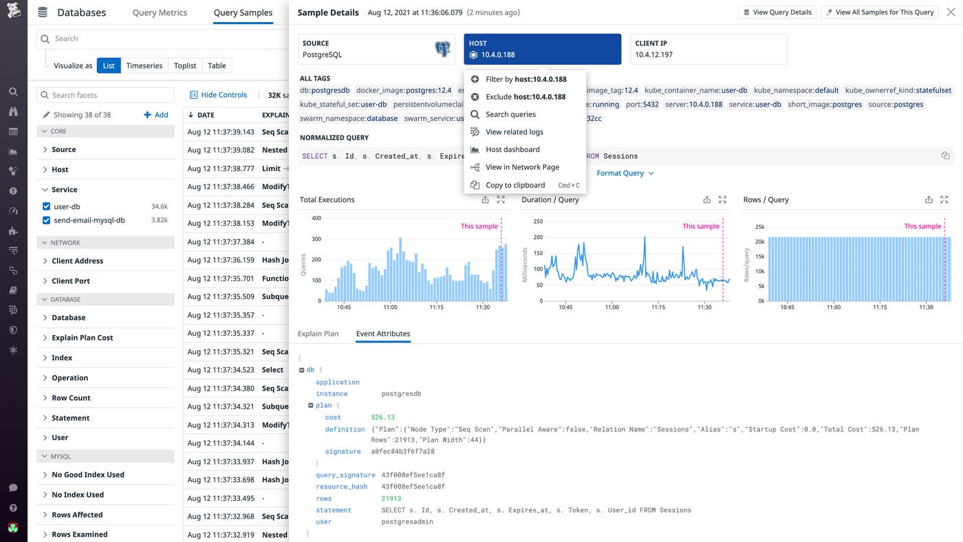 Seamlessly pivot from a sampled query to its host's dashboard, logs, and network data Seamlessly pivot from a sampled query to its host's dashboard, logs, and network data