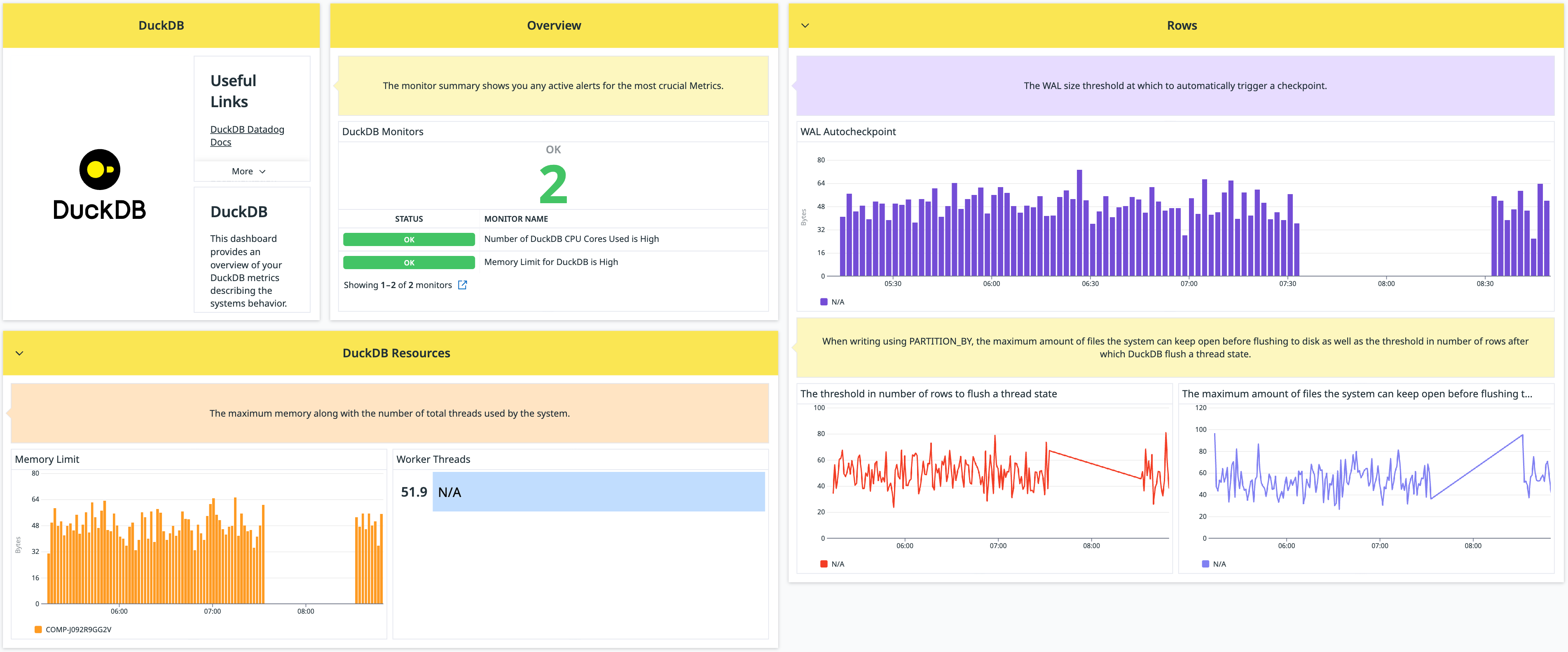 DuckDB dashboard that shows an overview and a variety of metrics.