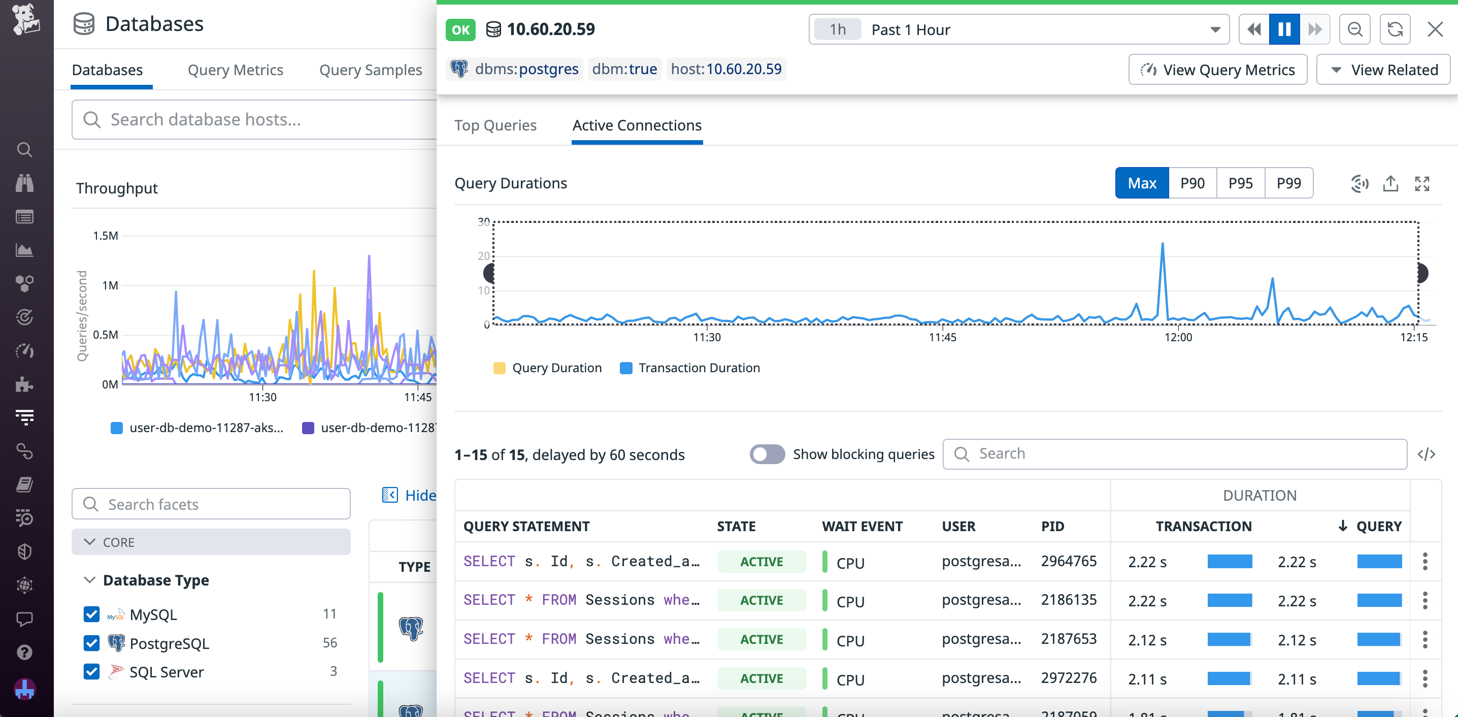 A list of active connections for an instance, including information about the duration, associated user, PID, and wait event.