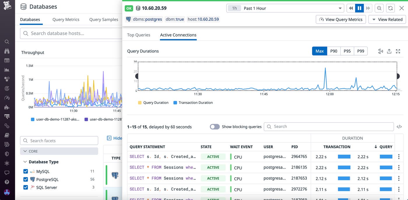 A list of active connections for an instance, including information about the duration, associated user, PID, and wait event. A list of active connections for an instance, including information about the duration, associated user, PID, and wait event.