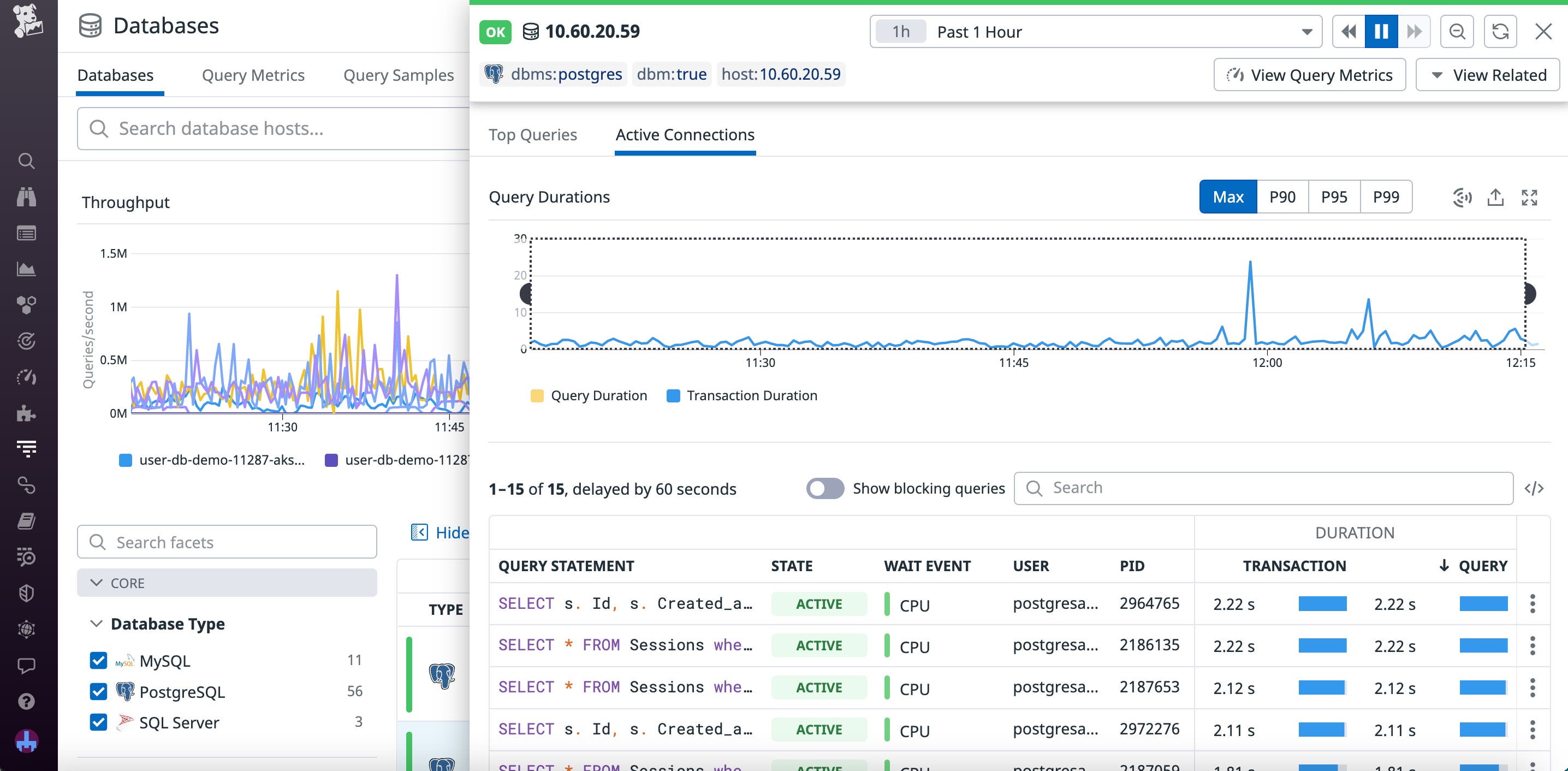 A list of active connections for an instance, including information about the duration, associated user, PID, and wait event. A list of active connections for an instance, including information about the duration, associated user, PID, and wait event.