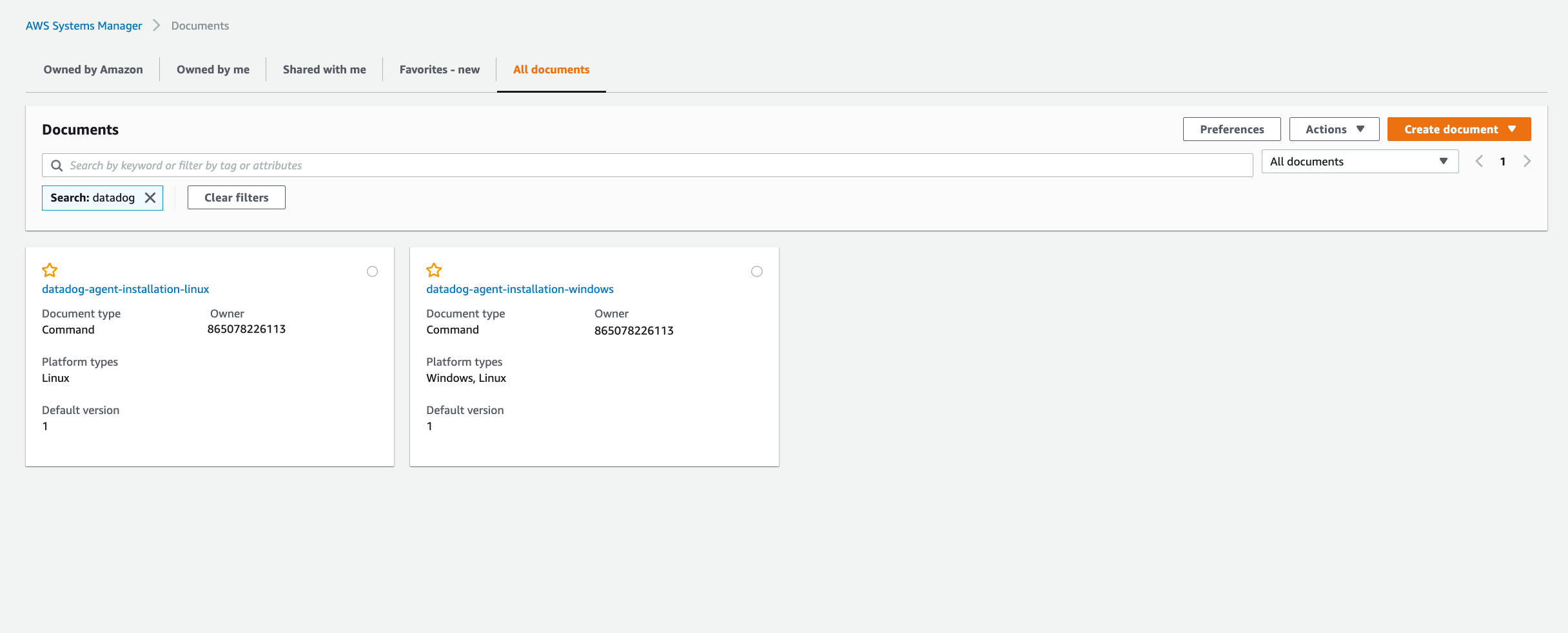 search Datadog in the Document tab of AWS SSM to find the one-click Agent installation tile