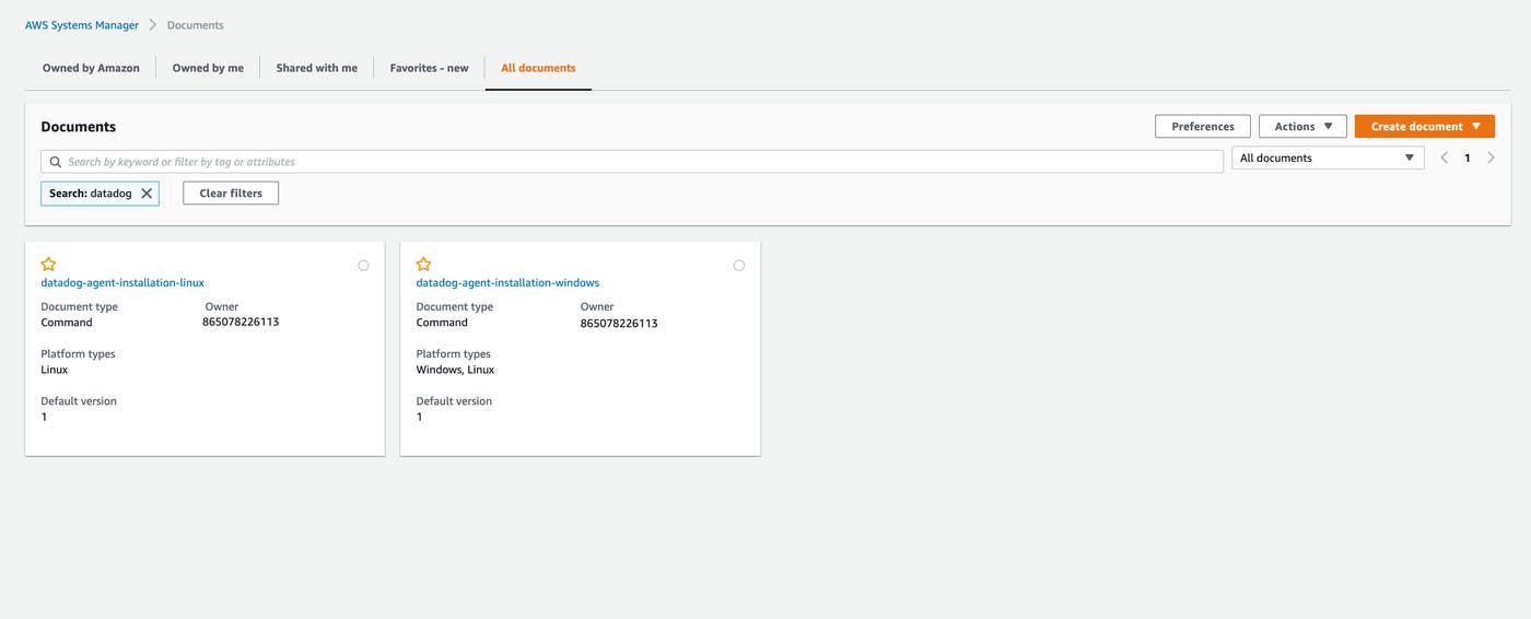 search Datadog in the Document tab of AWS SSM to find the one-click Agent installation tile search Datadog in the Document tab of AWS SSM to find the one-click Agent installation tile