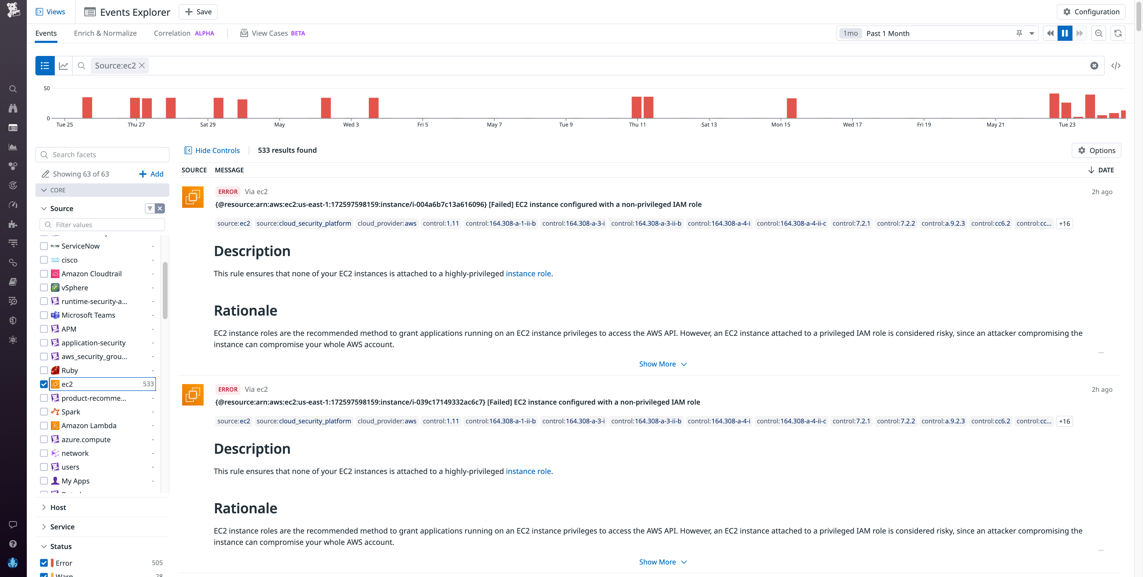 The AWS integration allows you to stream EC2 events into the Datadog Events Explorer