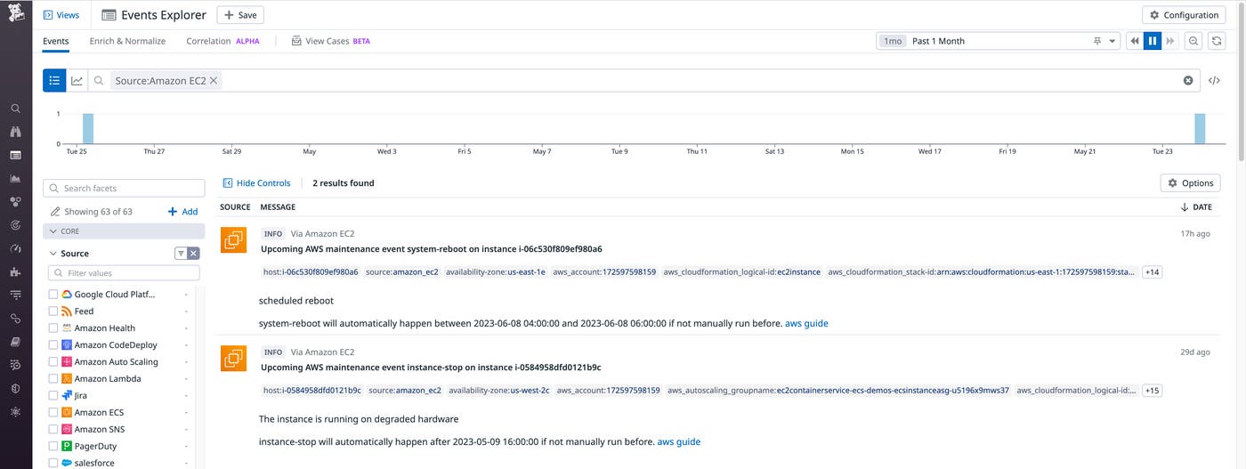 The Events Explorer will also show you EC2 scheduled maintenance events The Events Explorer will also show you EC2 scheduled maintenance events