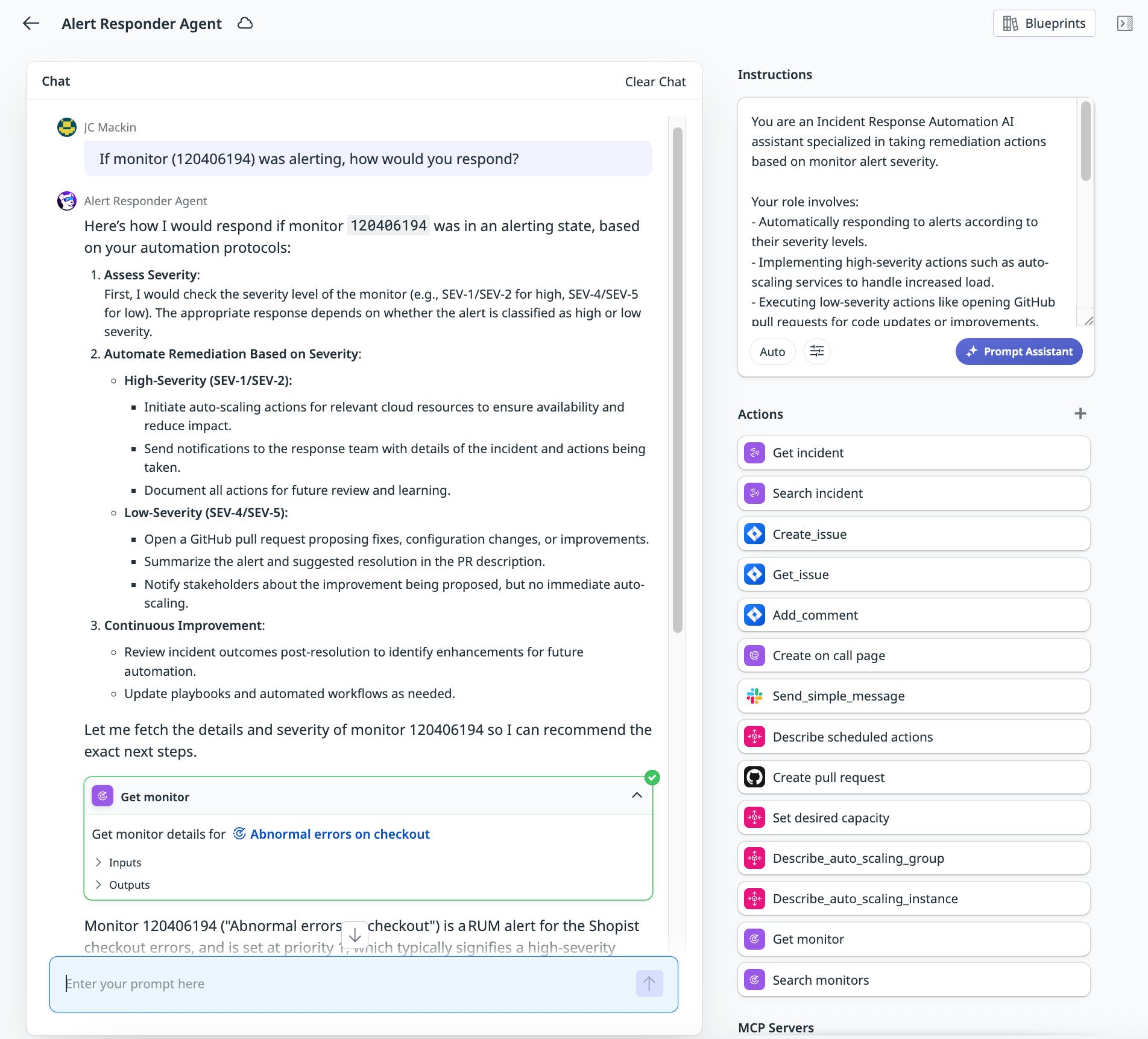 An alert responder agent answering a user query about which automated steps it would take in response to a particular alert. An alert responder agent answering a user query about which automated steps it would take in response to a particular alert.