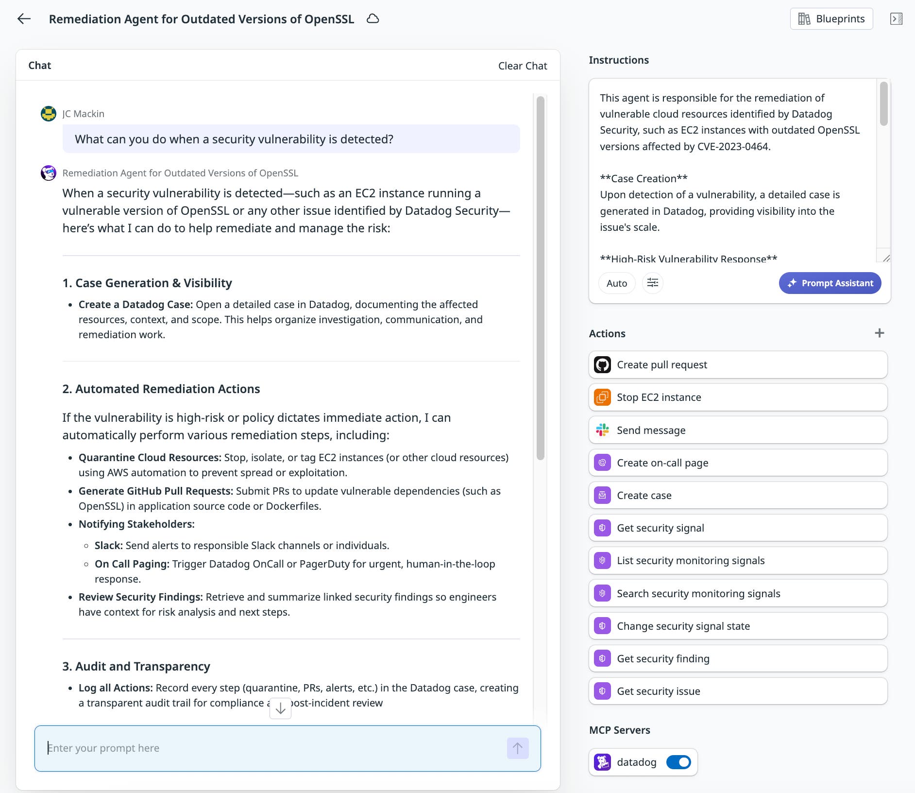 Remediation agent responding to a user query about how it would handle a detected security vulnerability. Remediation agent responding to a user query about how it would handle a detected security vulnerability.