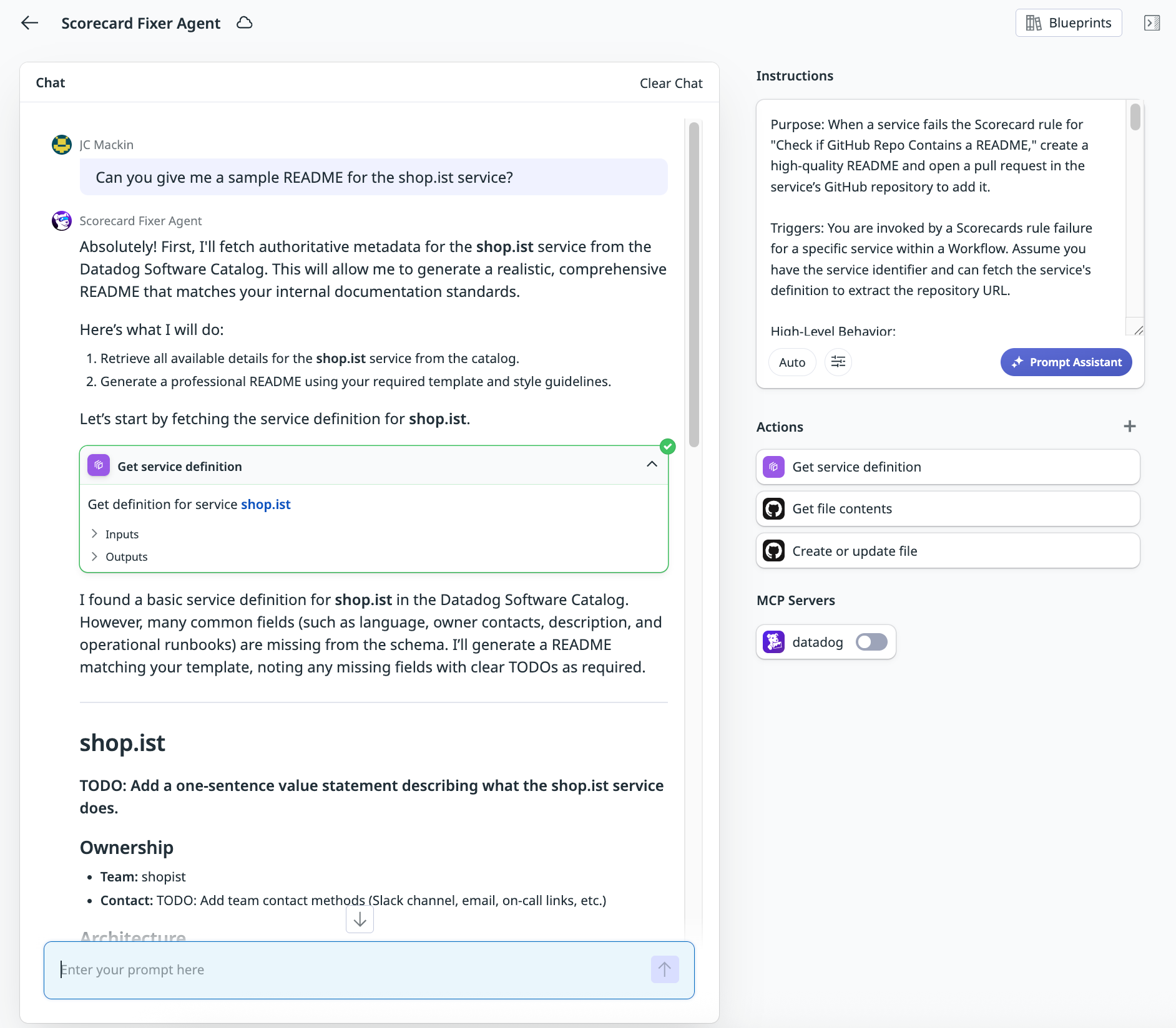 Agent responding to a user request to generate a README draft for a particular service.