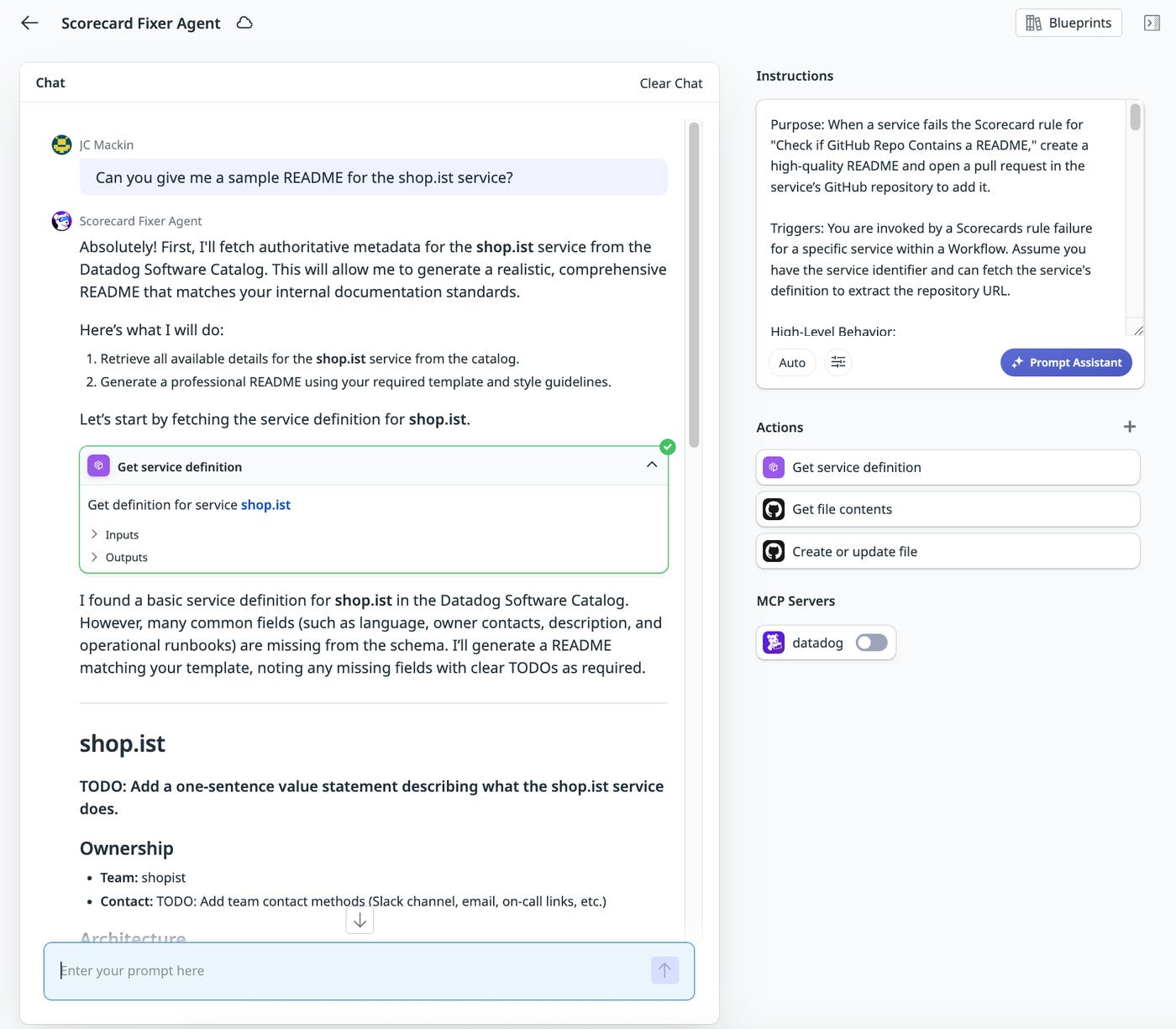 Agent responding to a user request to generate a README draft for a particular service. Agent responding to a user request to generate a README draft for a particular service.