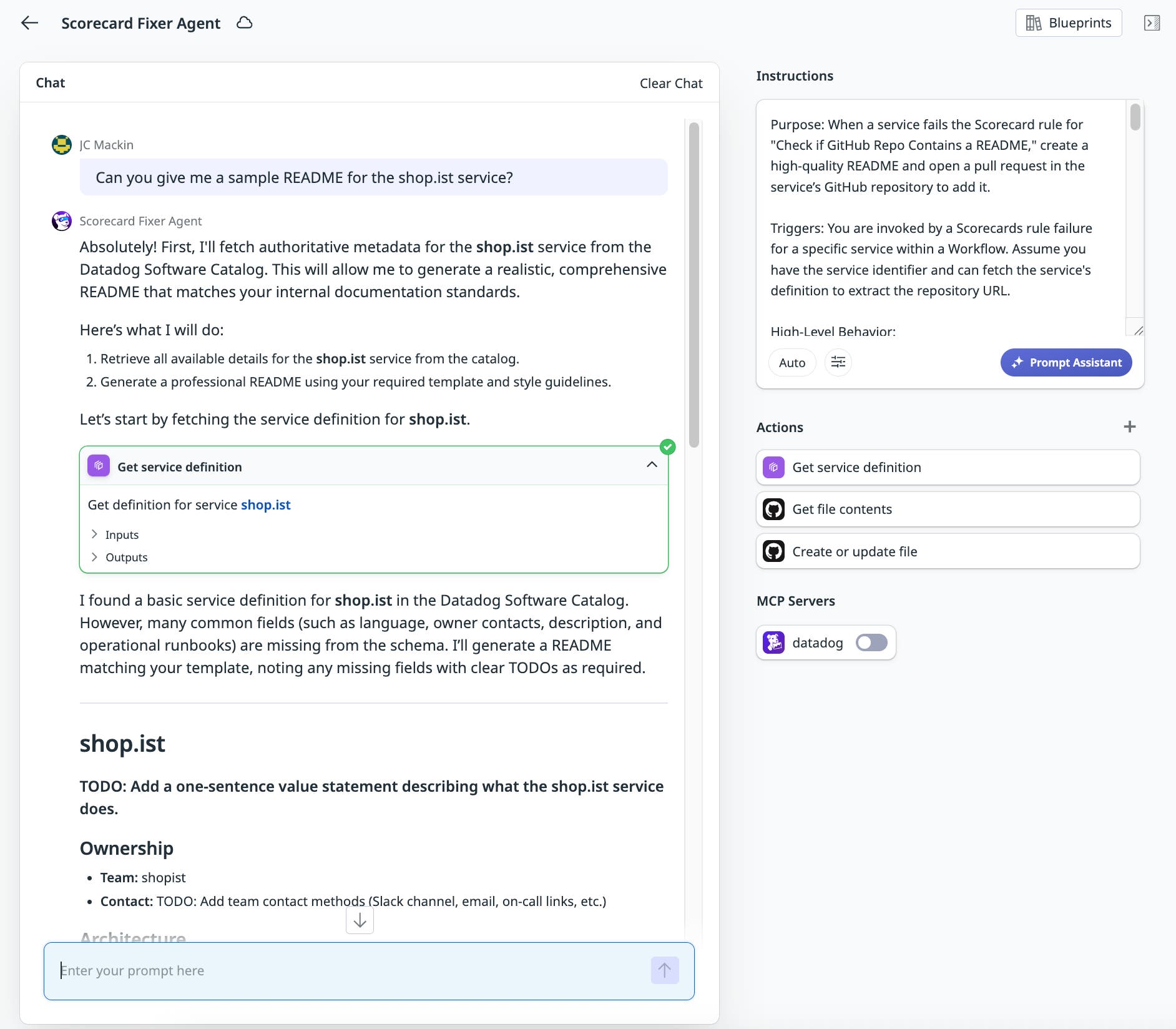 Agent responding to a user request to generate a README draft for a particular service. Agent responding to a user request to generate a README draft for a particular service.
