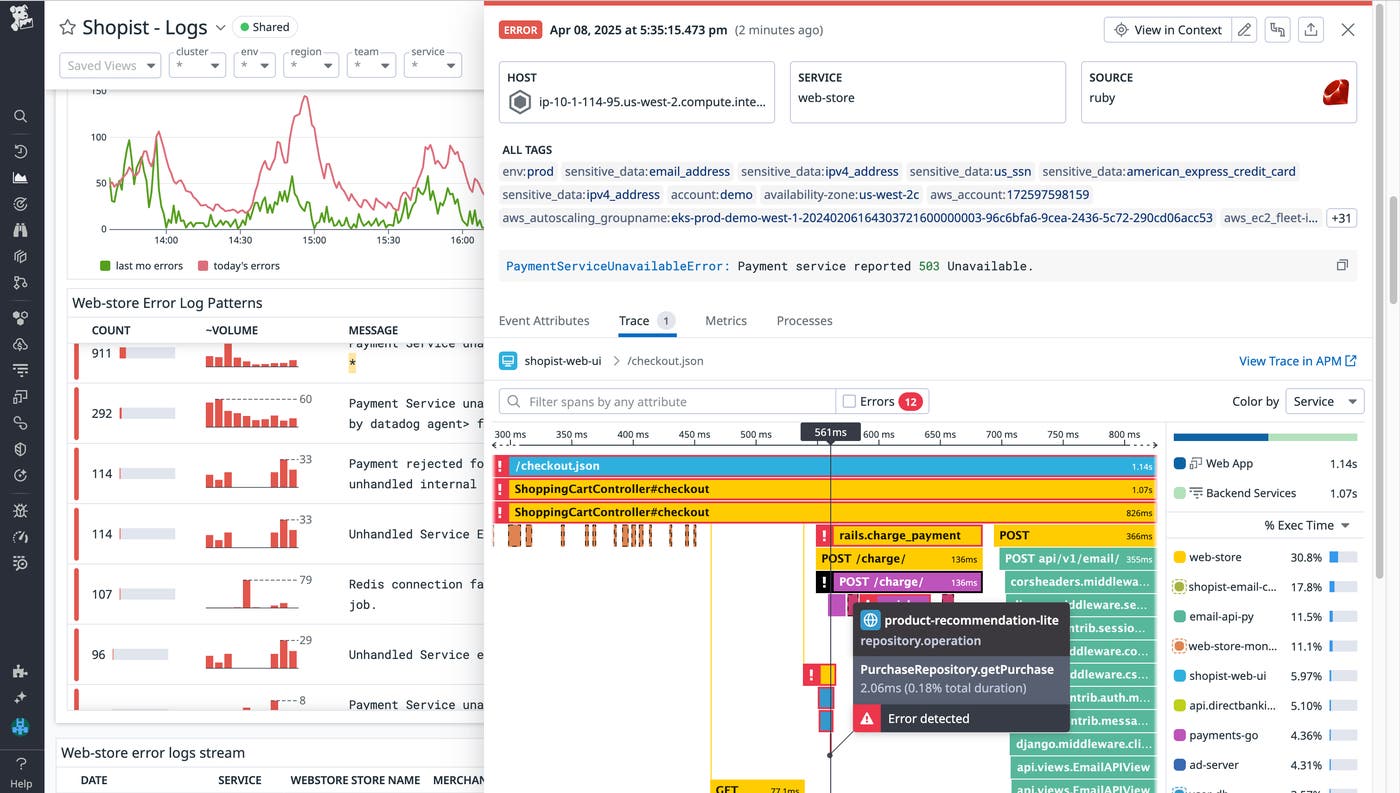 By enabling APM for the Datadog Agent, you're able to view correlated traces directly within an error log. By enabling APM for the Datadog Agent, you're able to view correlated traces directly within an error log.