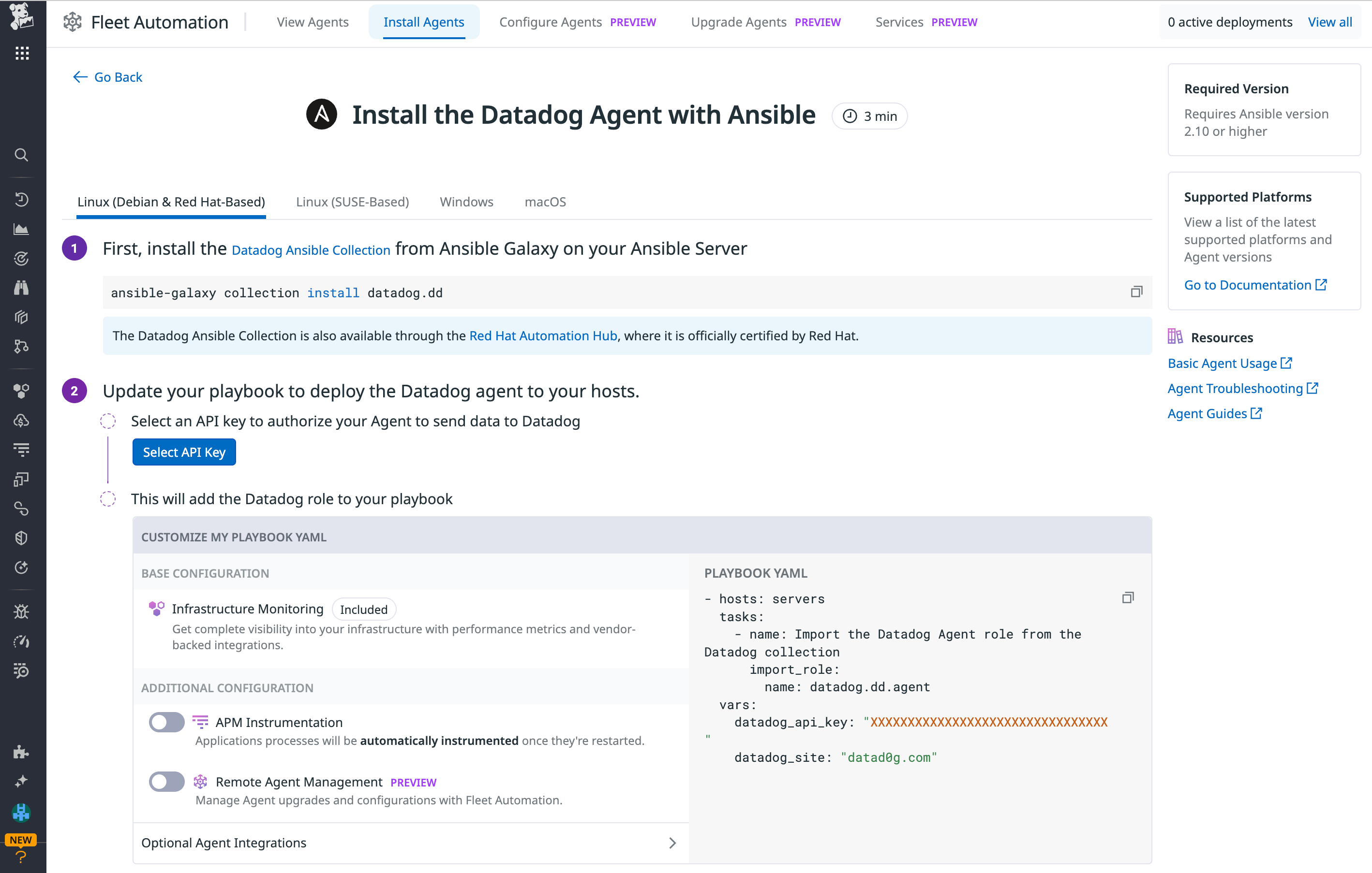 The Agent Installation Page provides easy-to-follow installation instructions based on your infrastructure and preferred deployment tooling.