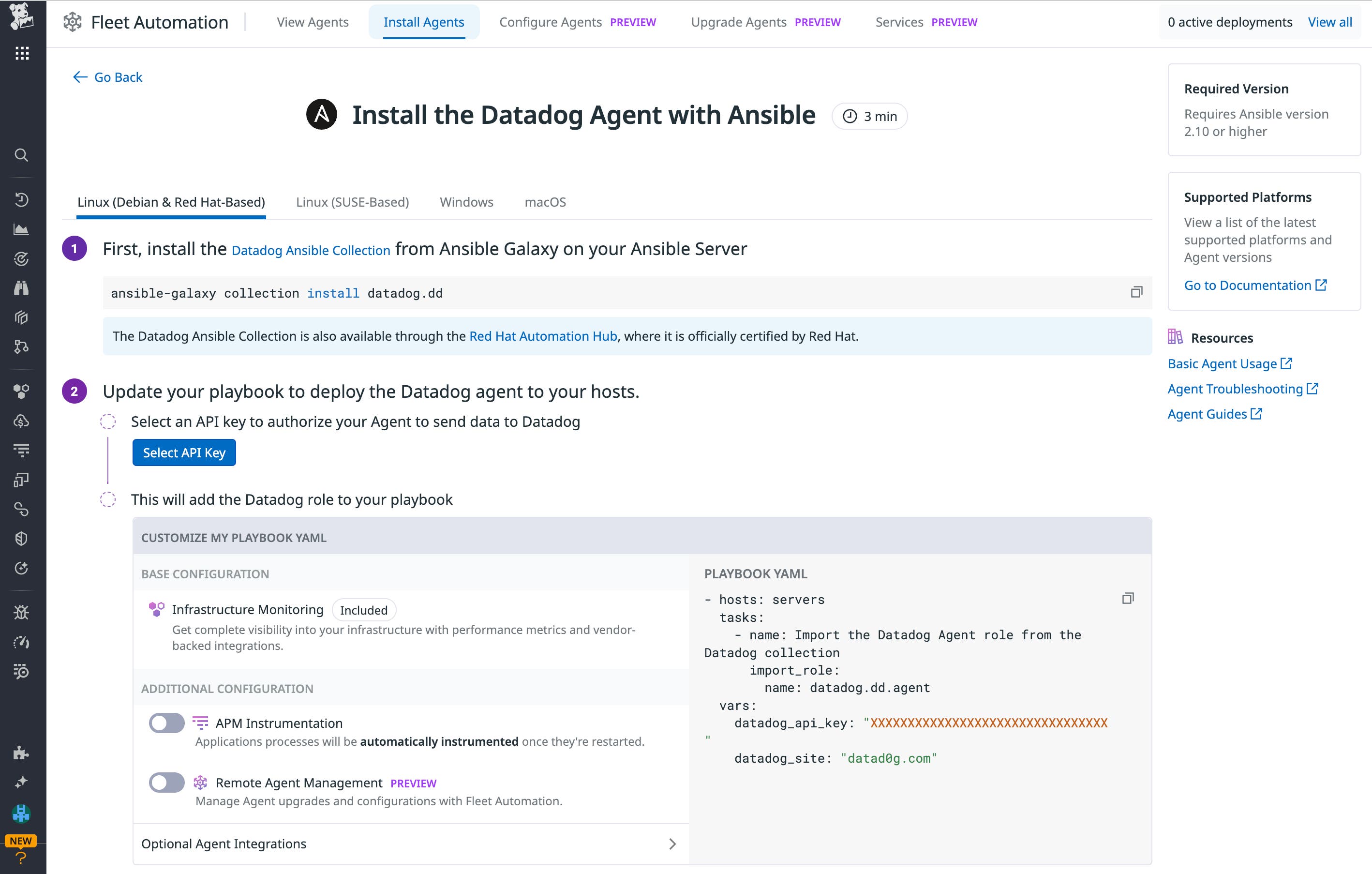 The Agent Installation Page provides easy-to-follow installation instructions based on your infrastructure and preferred deployment tooling. The Agent Installation Page provides easy-to-follow installation instructions based on your infrastructure and preferred deployment tooling.