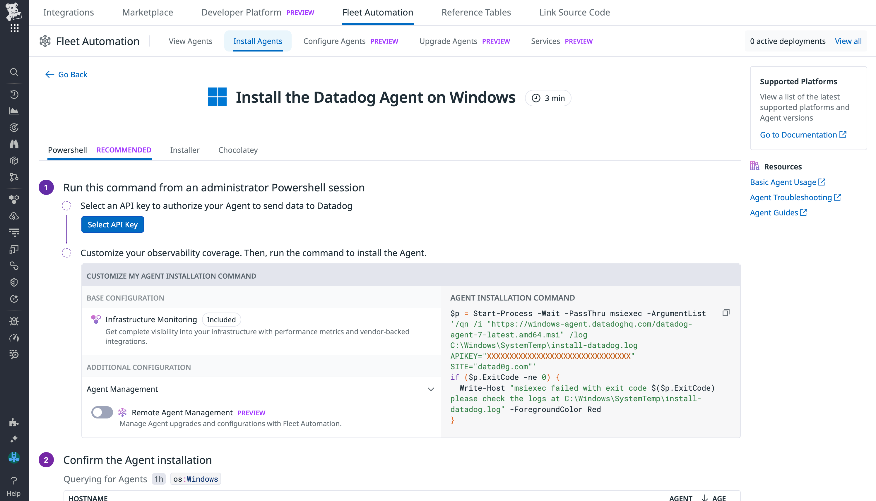 The Agent Installation Page provides easy-to-follow installation instructions based on your infrastructure and preferred deployment tooling.