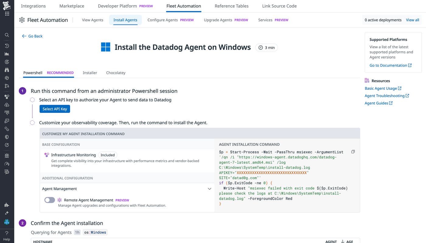 The Agent Installation Page provides easy-to-follow installation instructions based on your infrastructure and preferred deployment tooling. The Agent Installation Page provides easy-to-follow installation instructions based on your infrastructure and preferred deployment tooling.