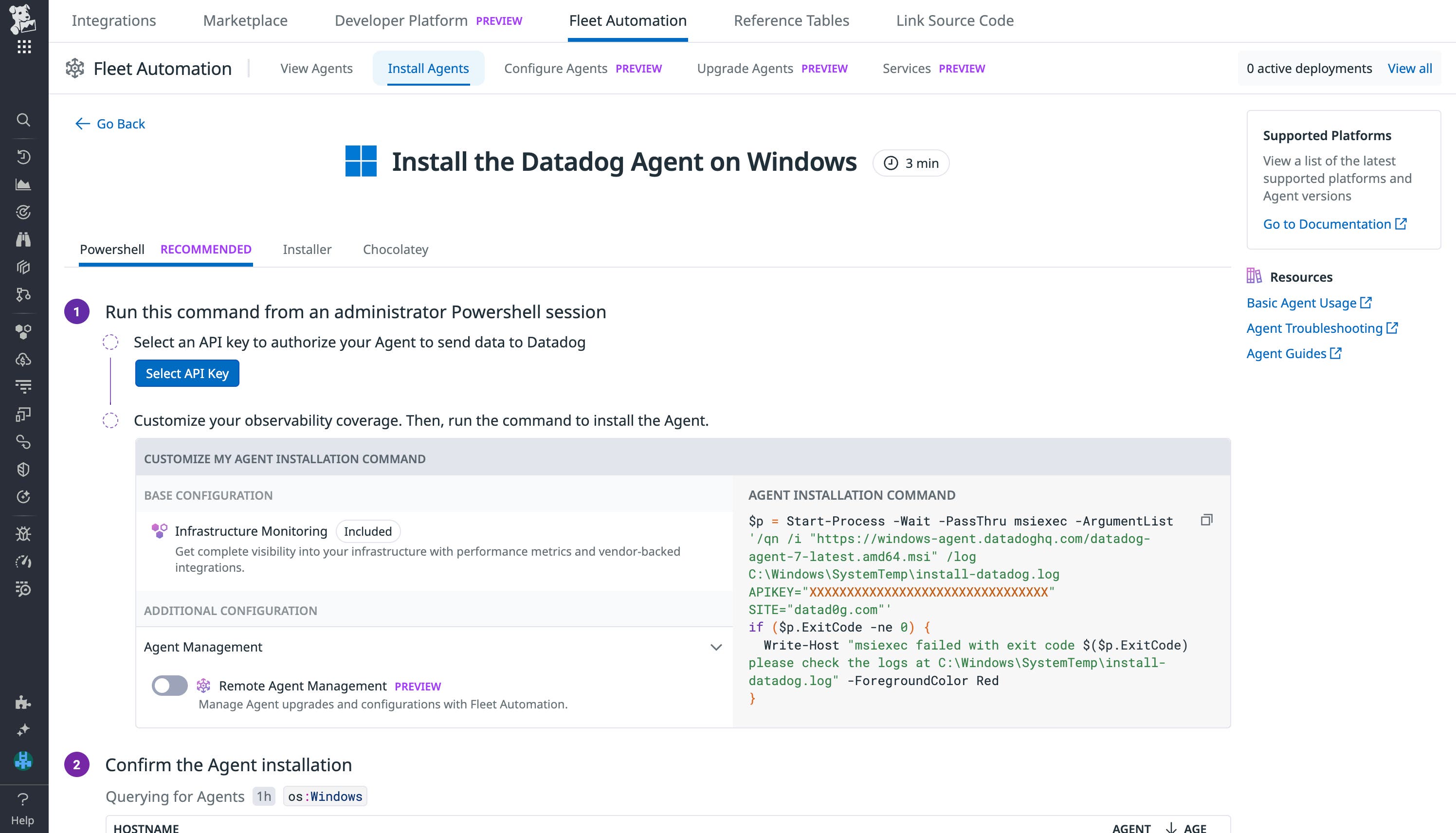 The Agent Installation Page provides easy-to-follow installation instructions based on your infrastructure and preferred deployment tooling. The Agent Installation Page provides easy-to-follow installation instructions based on your infrastructure and preferred deployment tooling.