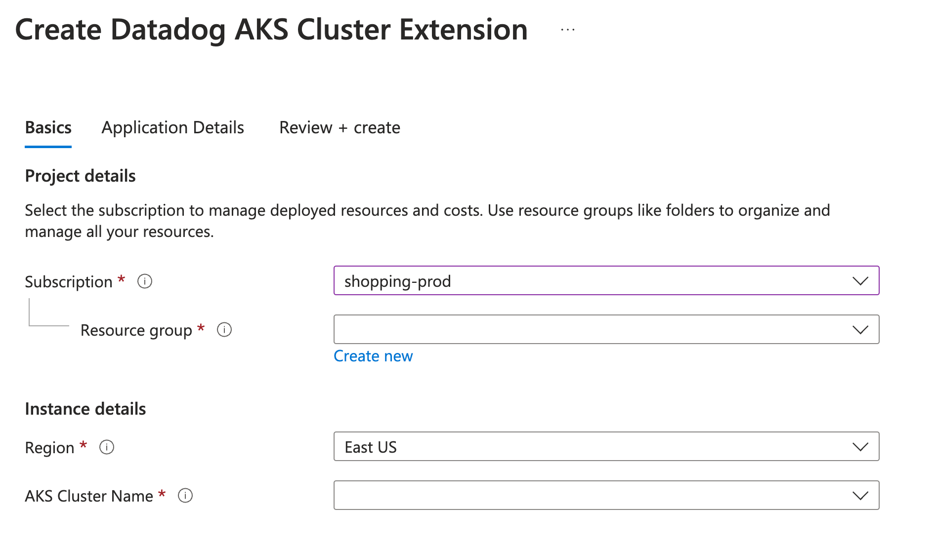 The setup page for the Datadog AKS Cluster Extension, including options for setting the project and instance details.