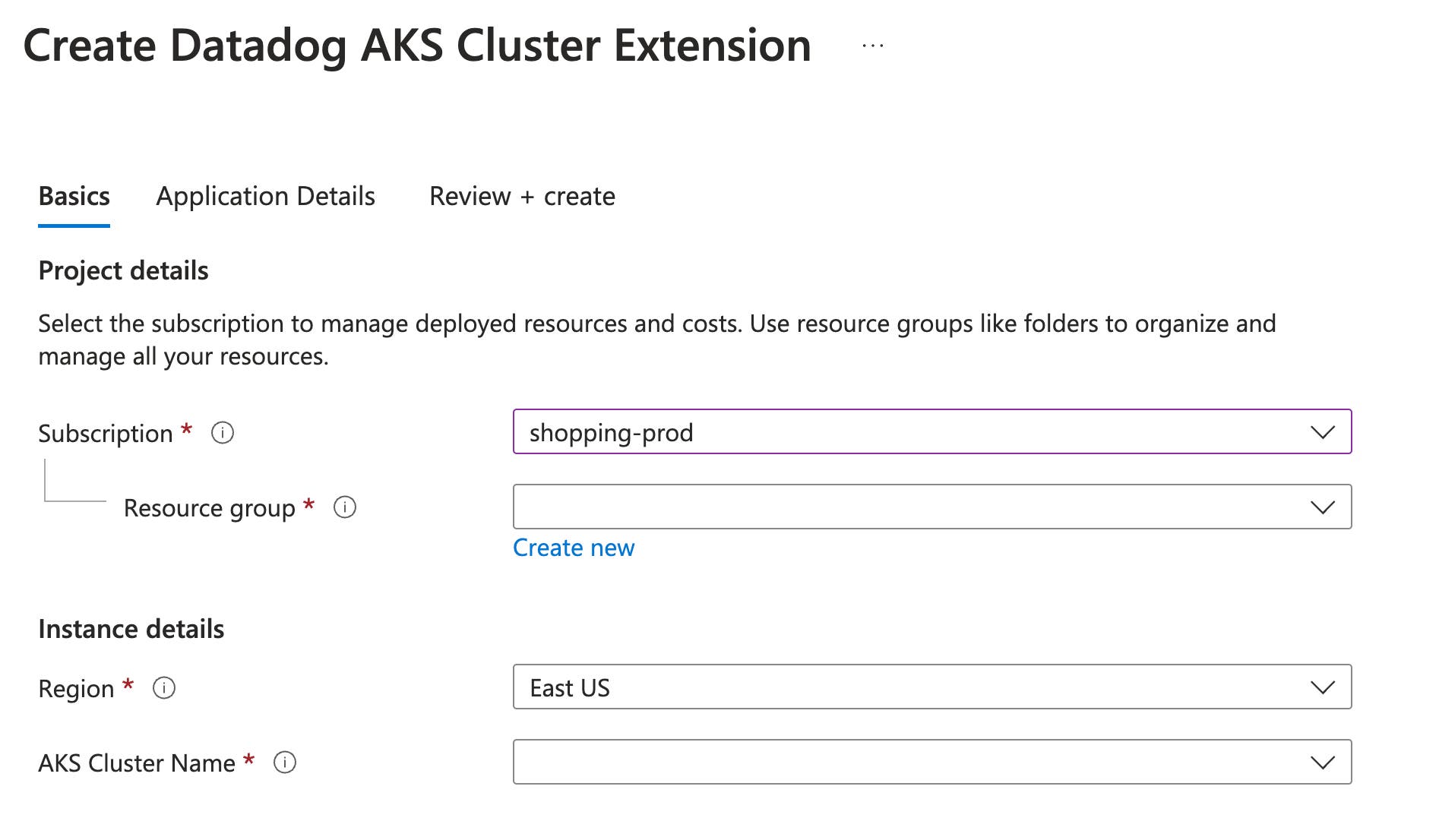 The setup page for the Datadog AKS Cluster Extension, including options for setting the project and instance details. The setup page for the Datadog AKS Cluster Extension, including options for setting the project and instance details.