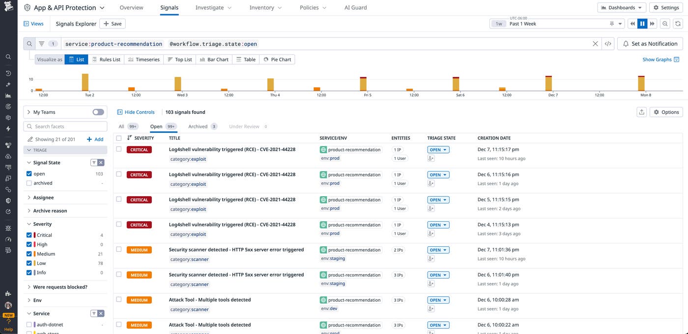 Datadog AAP generates Security Signals that can alert your team whenever threats actually exploit code-level vulnerabilities or target your application's business logic. Datadog AAP generates Security Signals that can alert your team whenever threats actually exploit code-level vulnerabilities or target your application's business logic.