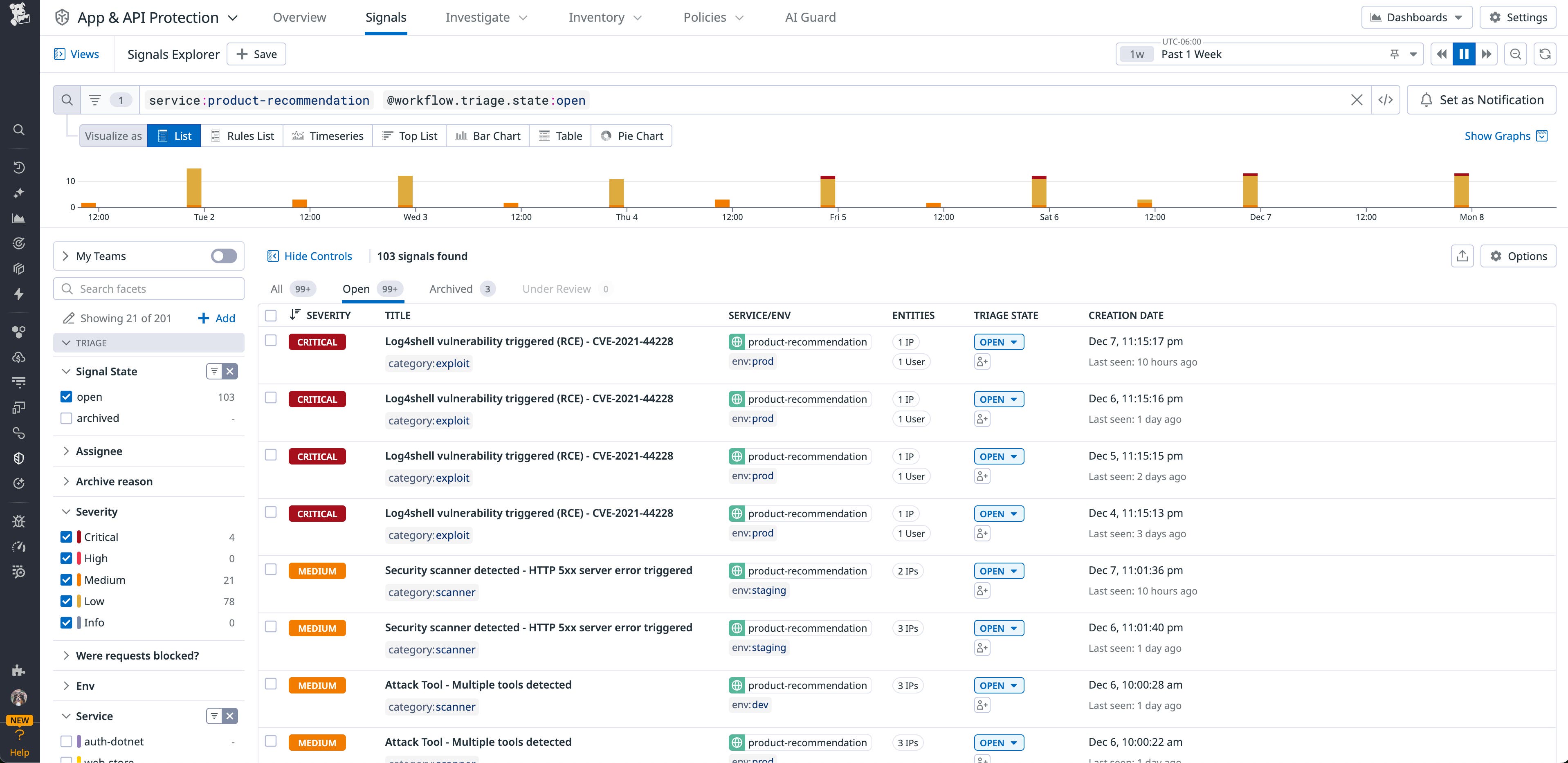 Datadog AAP generates Security Signals that can alert your team whenever threats actually exploit code-level vulnerabilities or target your application's business logic. Datadog AAP generates Security Signals that can alert your team whenever threats actually exploit code-level vulnerabilities or target your application's business logic.