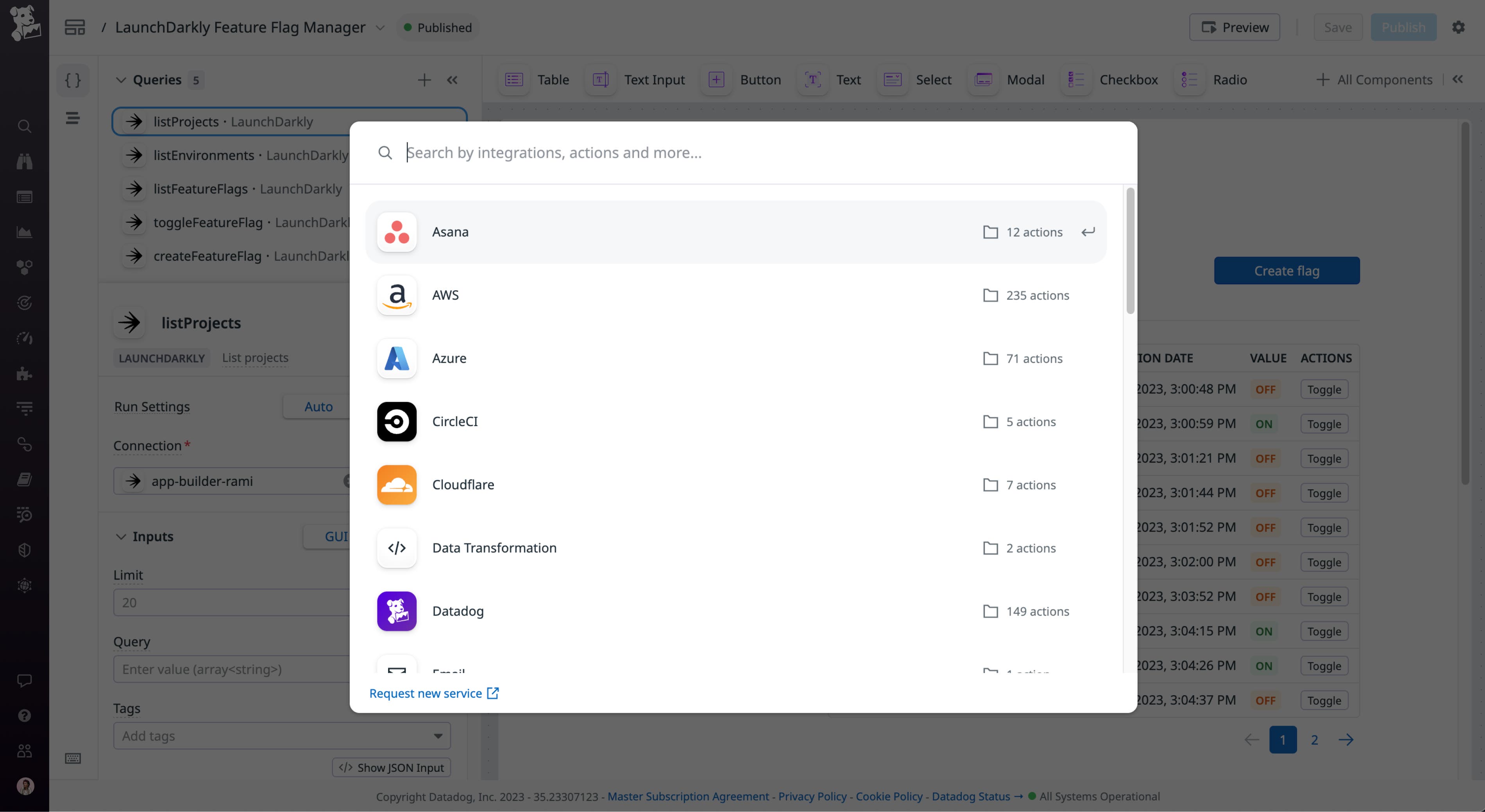 Browse for action integrations in the App Builder Action Catalog Browse for action integrations in the App Builder Action Catalog
