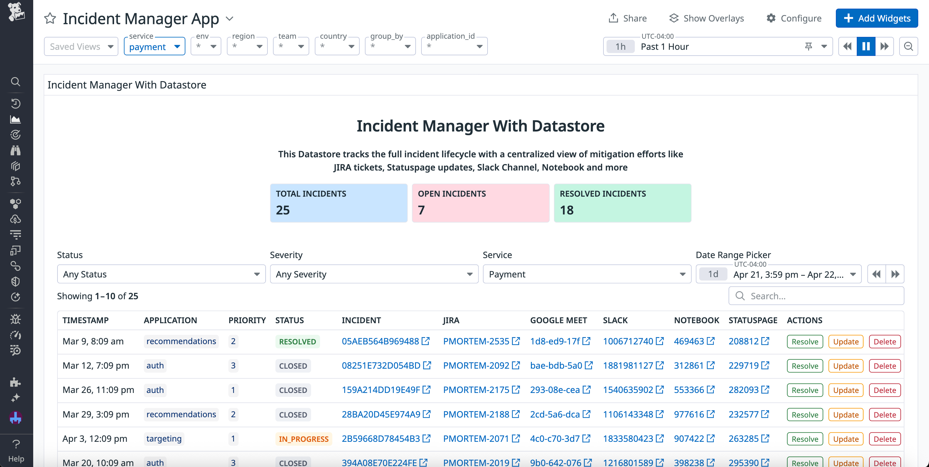 A screenshot of a custom incident manager app within Datadog.