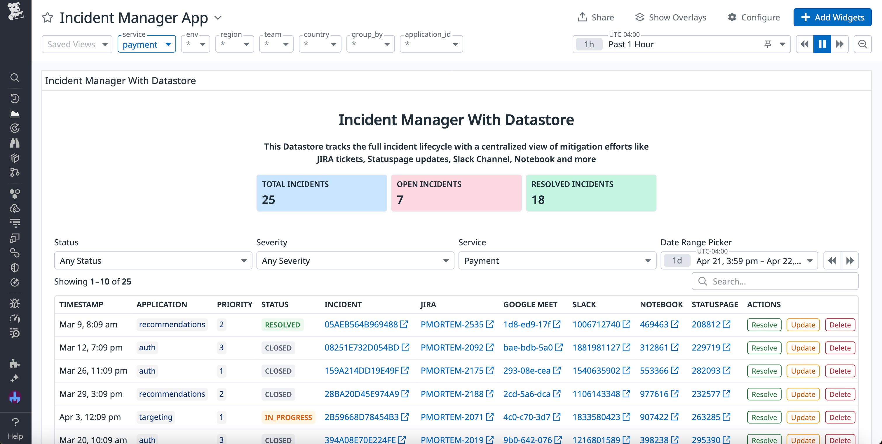 A screenshot of a custom incident manager app within Datadog. A screenshot of a custom incident manager app within Datadog.