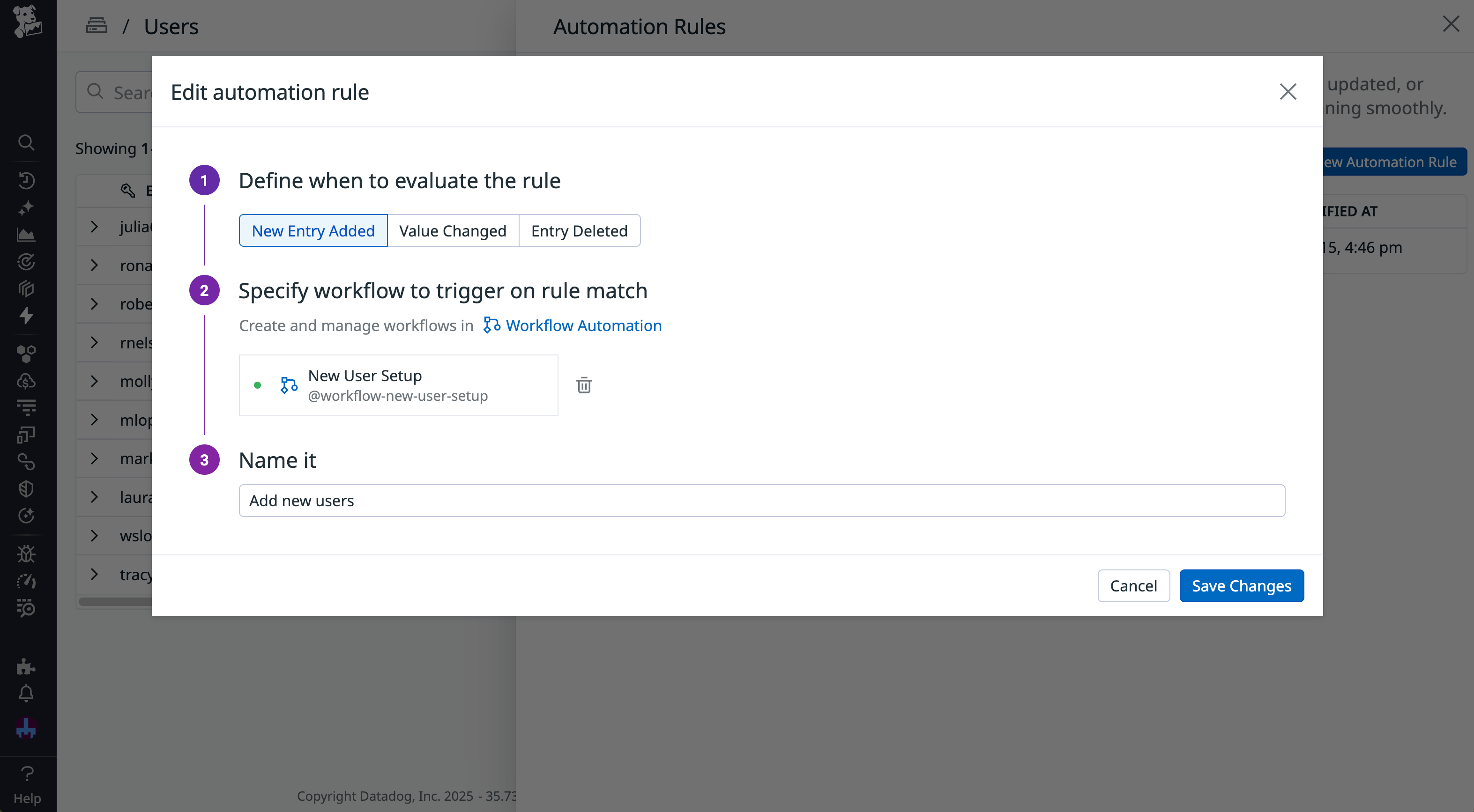 A screenshot of the configuration window for a new automation rule.