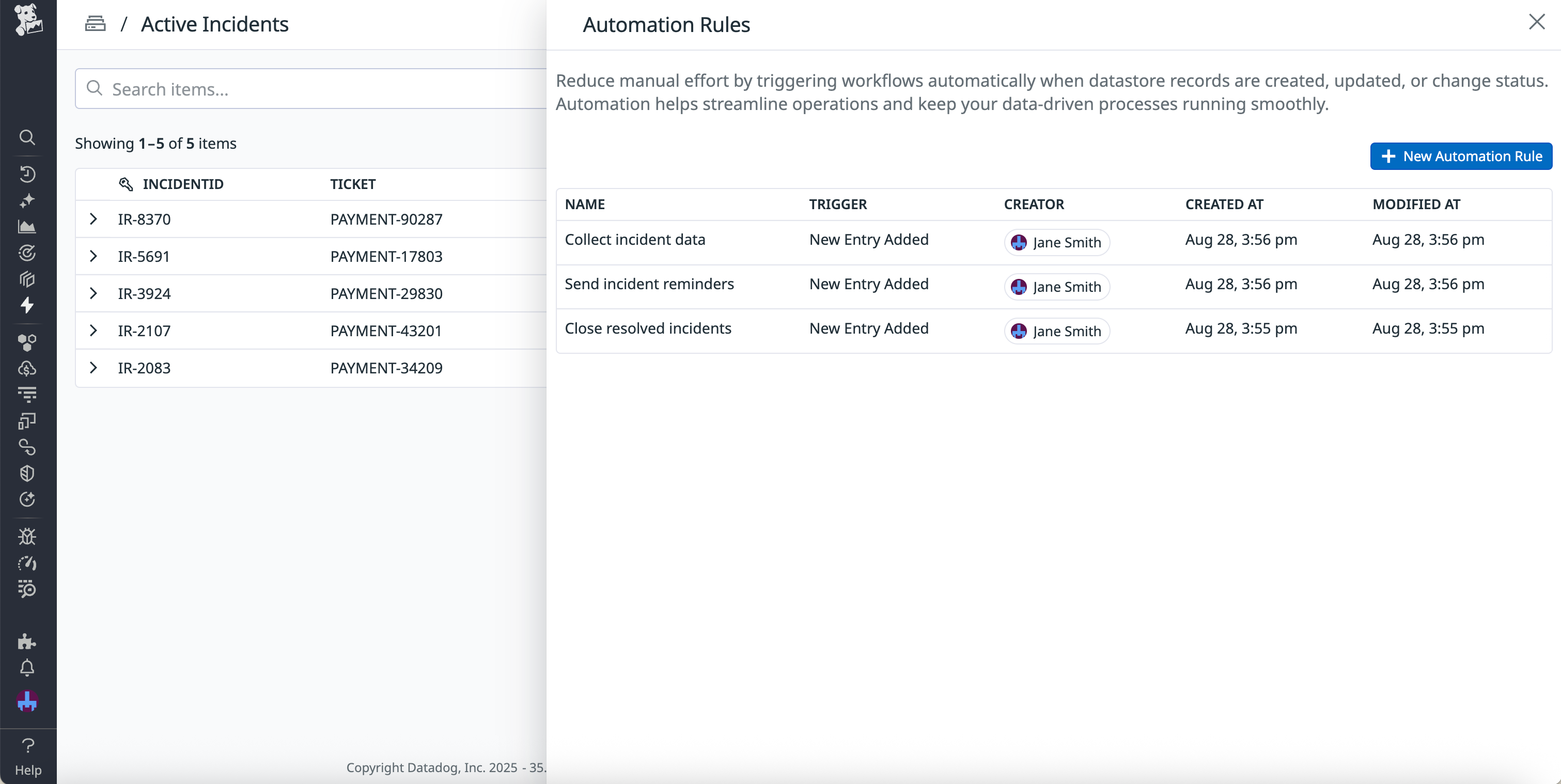 A screenshot of existing automation rules for a datastore.