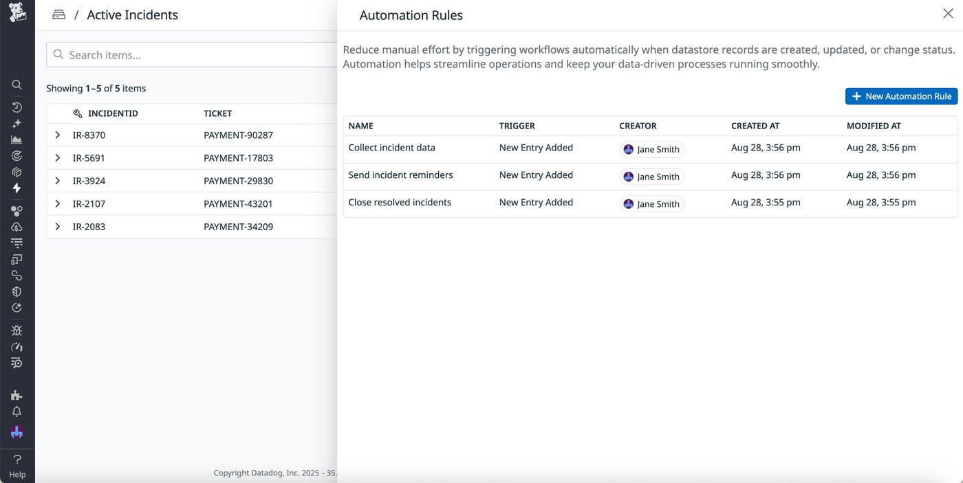 A screenshot of existing automation rules for a datastore. A screenshot of existing automation rules for a datastore.