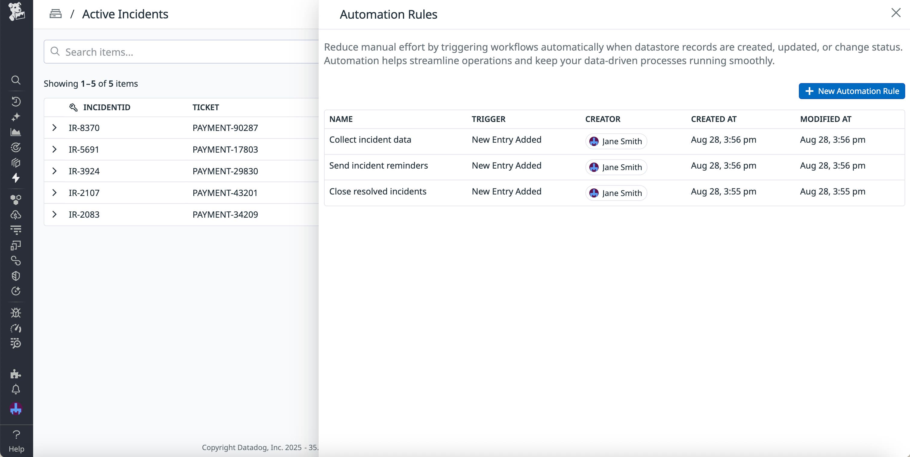 A screenshot of existing automation rules for a datastore. A screenshot of existing automation rules for a datastore.