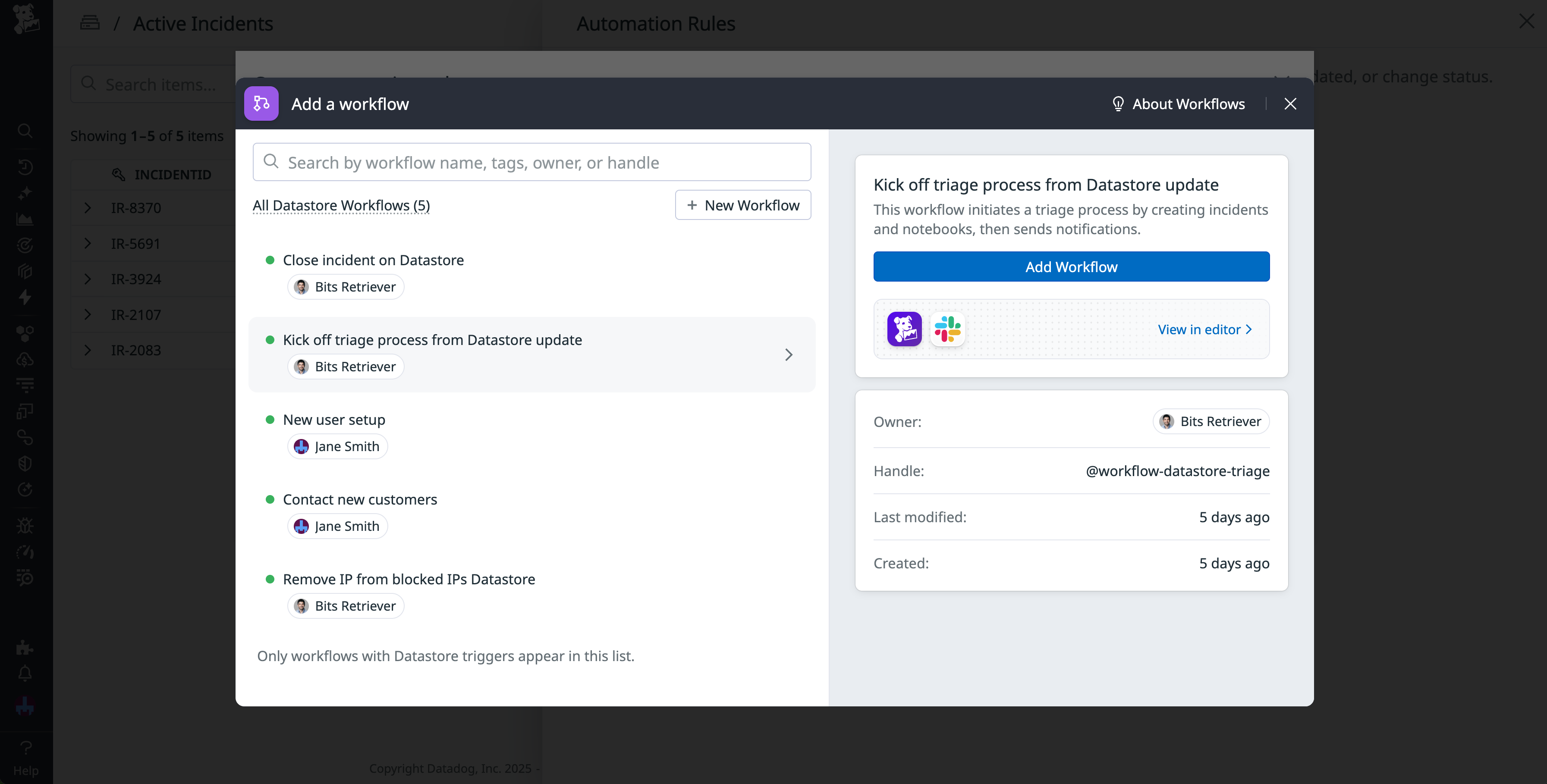 A screenshot of a list of workflows you can trigger from an automation rules.