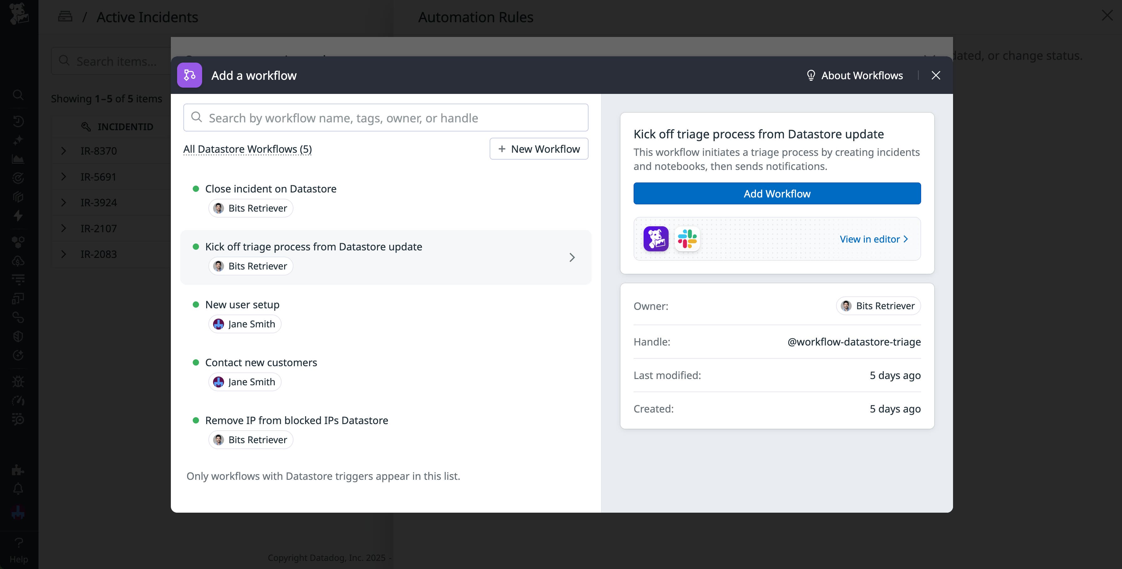 A screenshot of a list of workflows you can trigger from an automation rules. A screenshot of a list of workflows you can trigger from an automation rules.